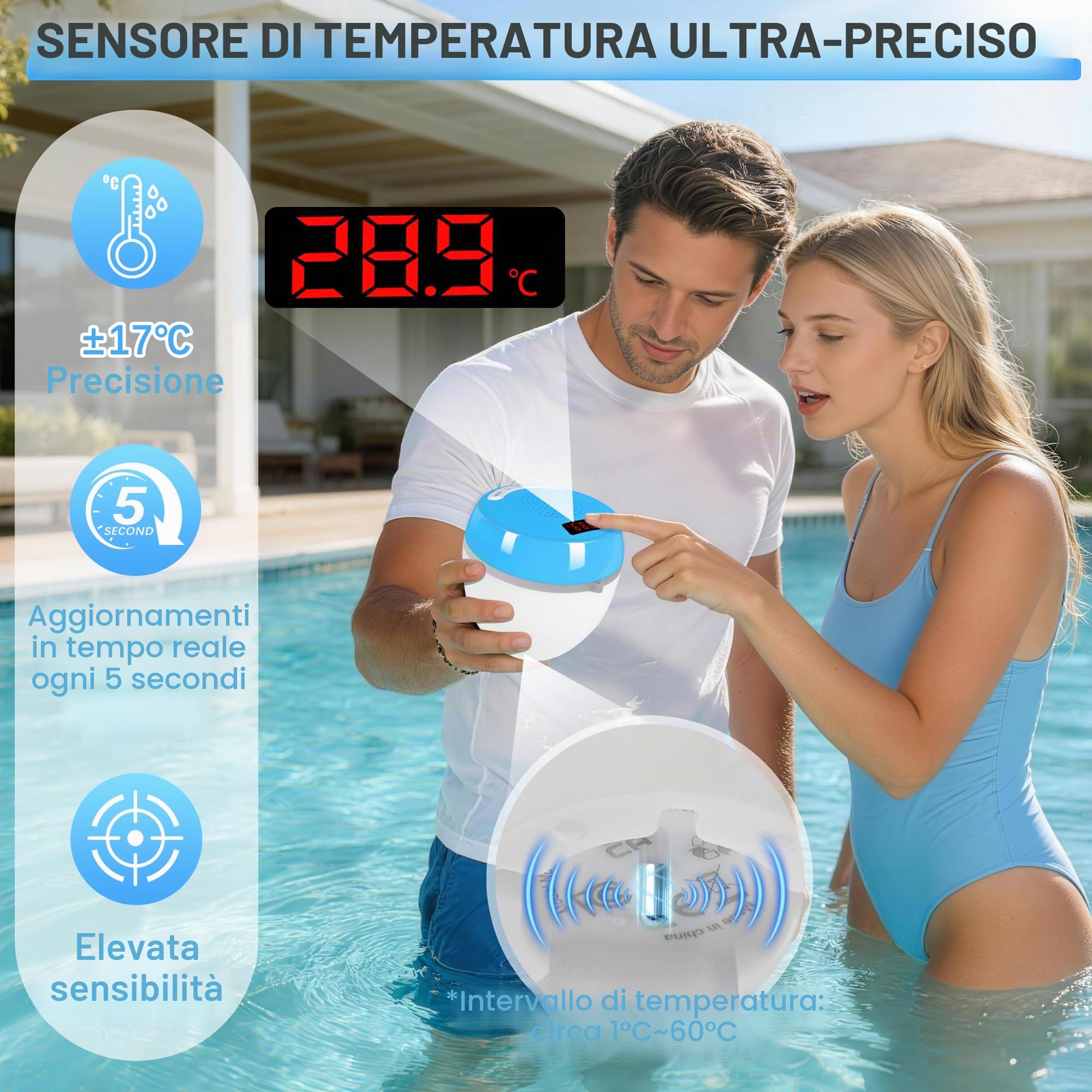 AearKing 3 in 1 Cassa Bluetooth Piscina con Termometro Digitale,Altoparlante Piscina con Luci Colorate,Cassa Bluetooth Piscina Galleggiante Impermeabile IP68,TWS,Suono Stereo Cassa Portatile Potente