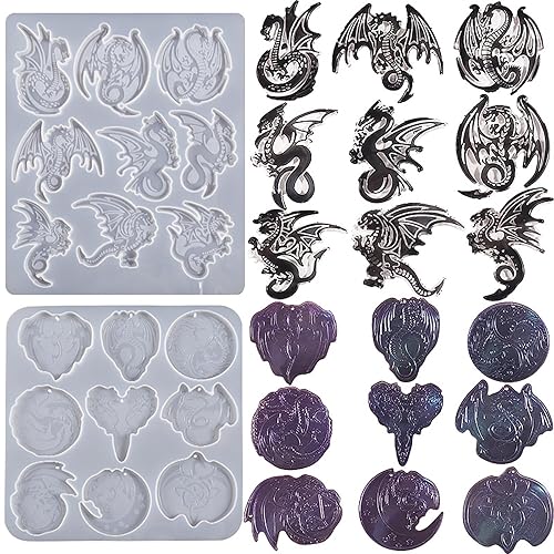 2 Pack Dragon Keychain Resin Mold - 9 Cavities Each - Multiple Style - Pendant - Resin Casting Silicone Molds for Home Decor & Candle Making Wave Spiral Mold - ymr-key-chain-dragon