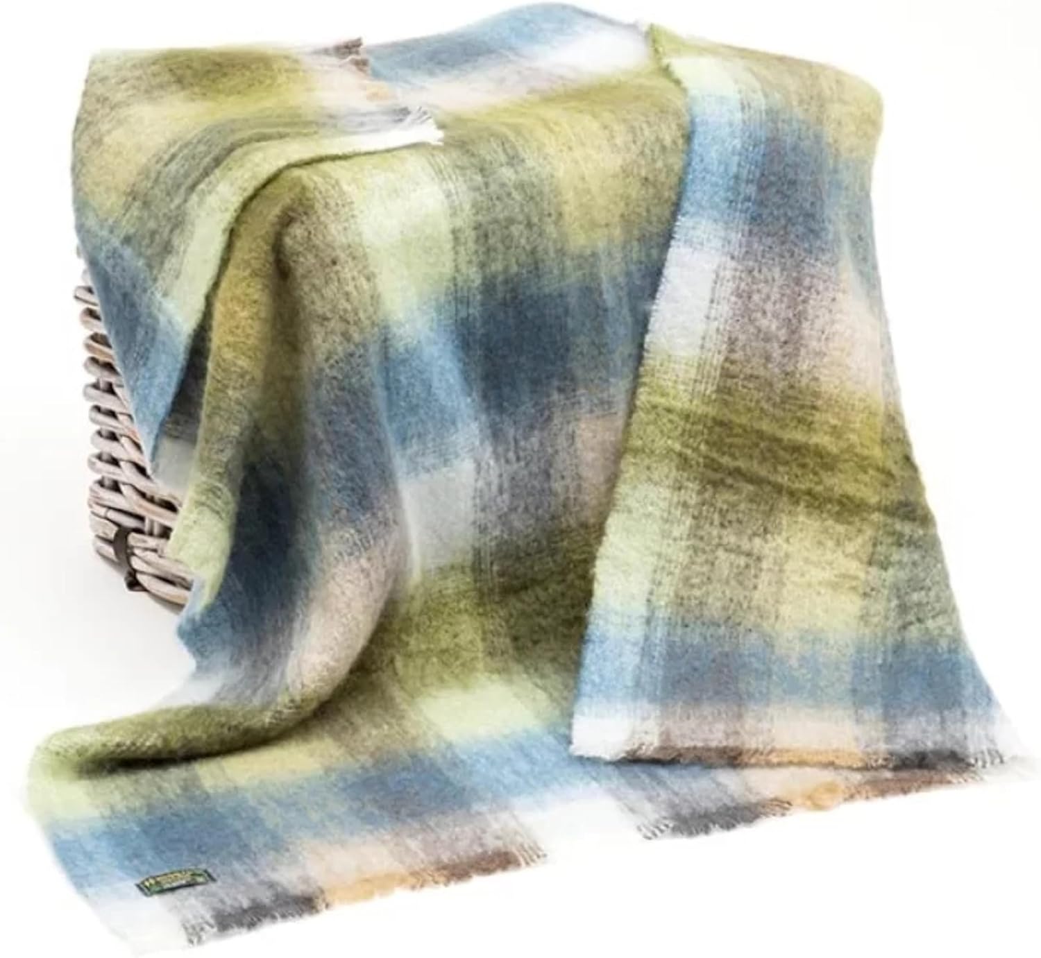 Biddy Murphy Ultra Soft Irish Mohair & Wool Throw Blanket, Made in Ireland, 54"x72", Cream/Pale Blue & Green/Grey Mix Block