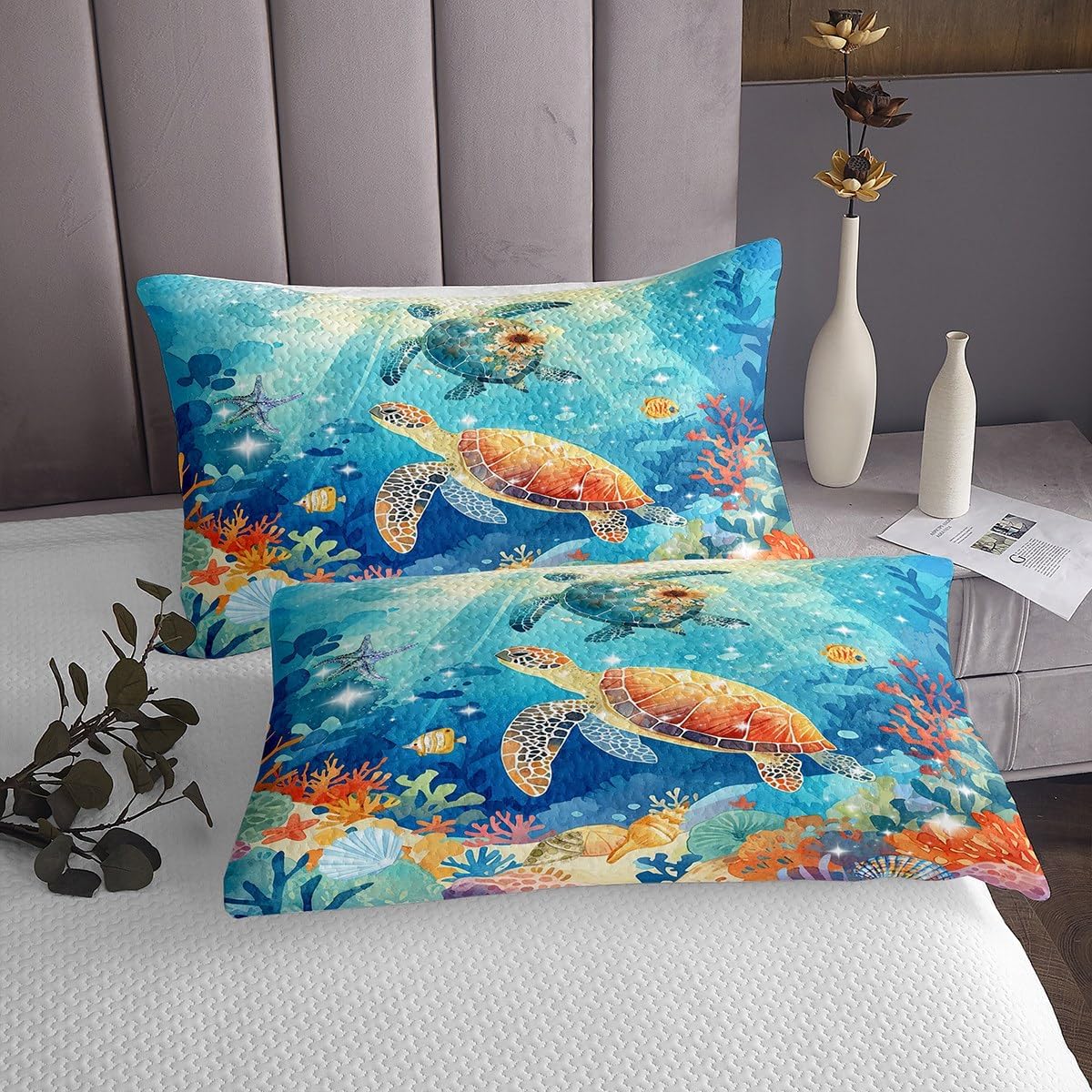 Feelyou Sea Turtle Bedspread Twin Kids Ocean Blue Quilted Coverlet for Boys Girls Teens Beach Coastal Coverlet Set Breathable Summer Holiday Vacation Quilted Room Decor Animal Quilt Set