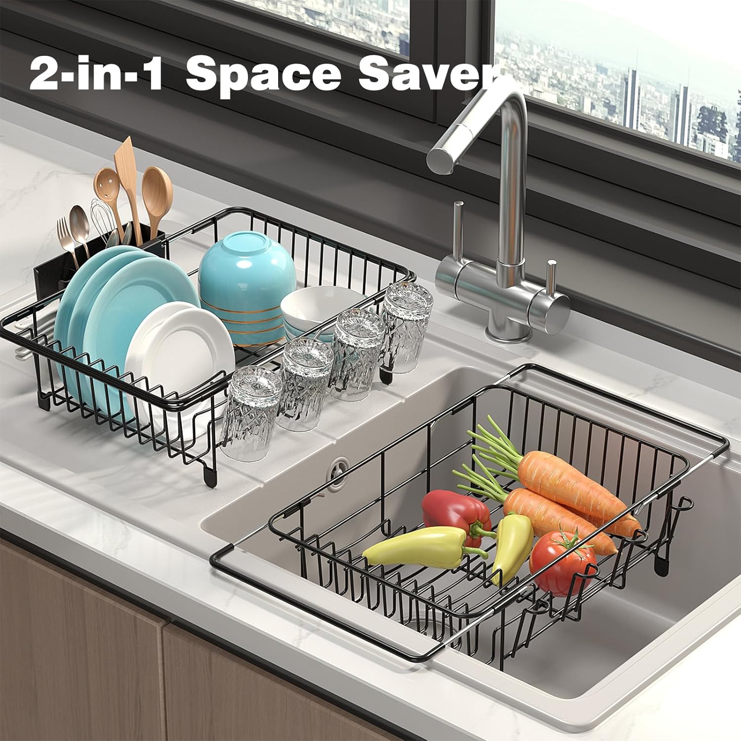 Dish Drying Rack in Sink: Expandable, 3-Slot Utensil Holder, Anti-Slip Handle. Small Dish Rack: Ideal for Small Households. Kitchen Drying Rack: Black