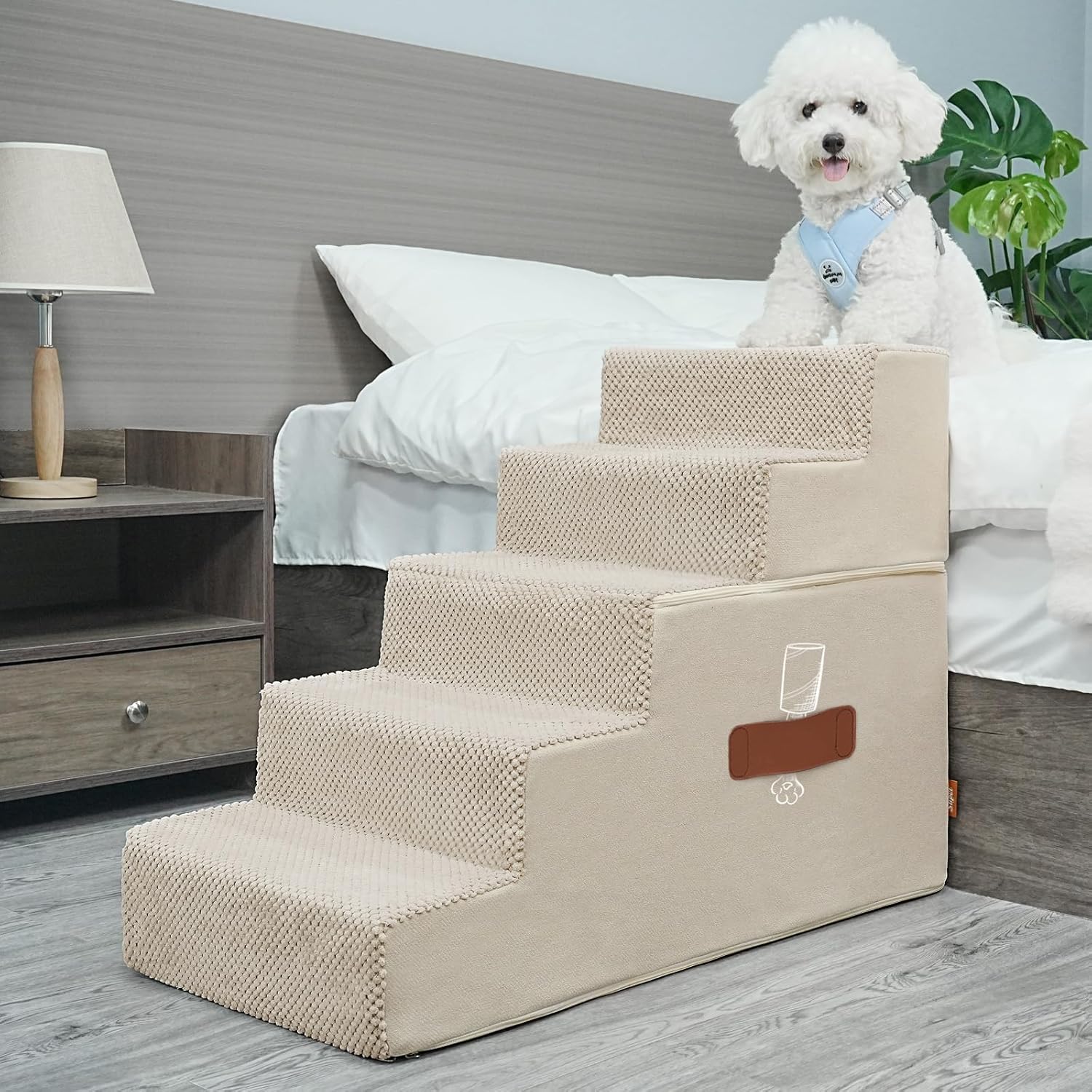 Supet Tall Dog Stairs for Small Medium Large Dogs to Get on Bed, Dog Steps for High Bed Couch Car, Pet Stairs Steps for Doggie Puppy Cat Milk 5 steps