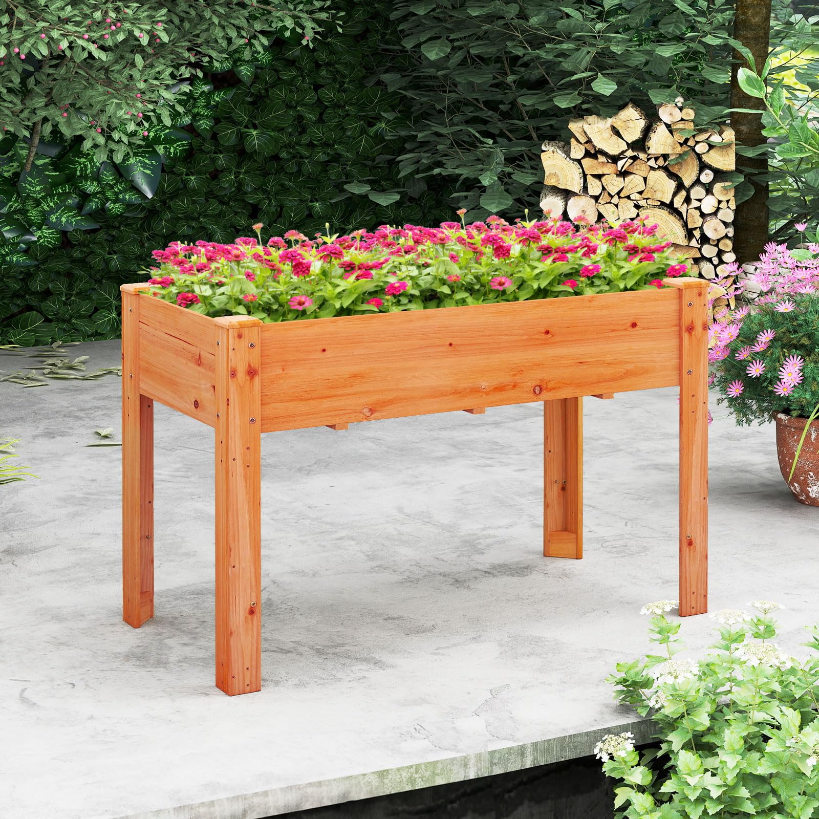 GOPLUS Carré Potager sur Pieds en Bois de Sapin, Jardinière Surélevée Extérieure avec Trou de Drainage, pour Fleurs, Légumes et Fruits, 120,5x60,5x81,5CM (Orange)
