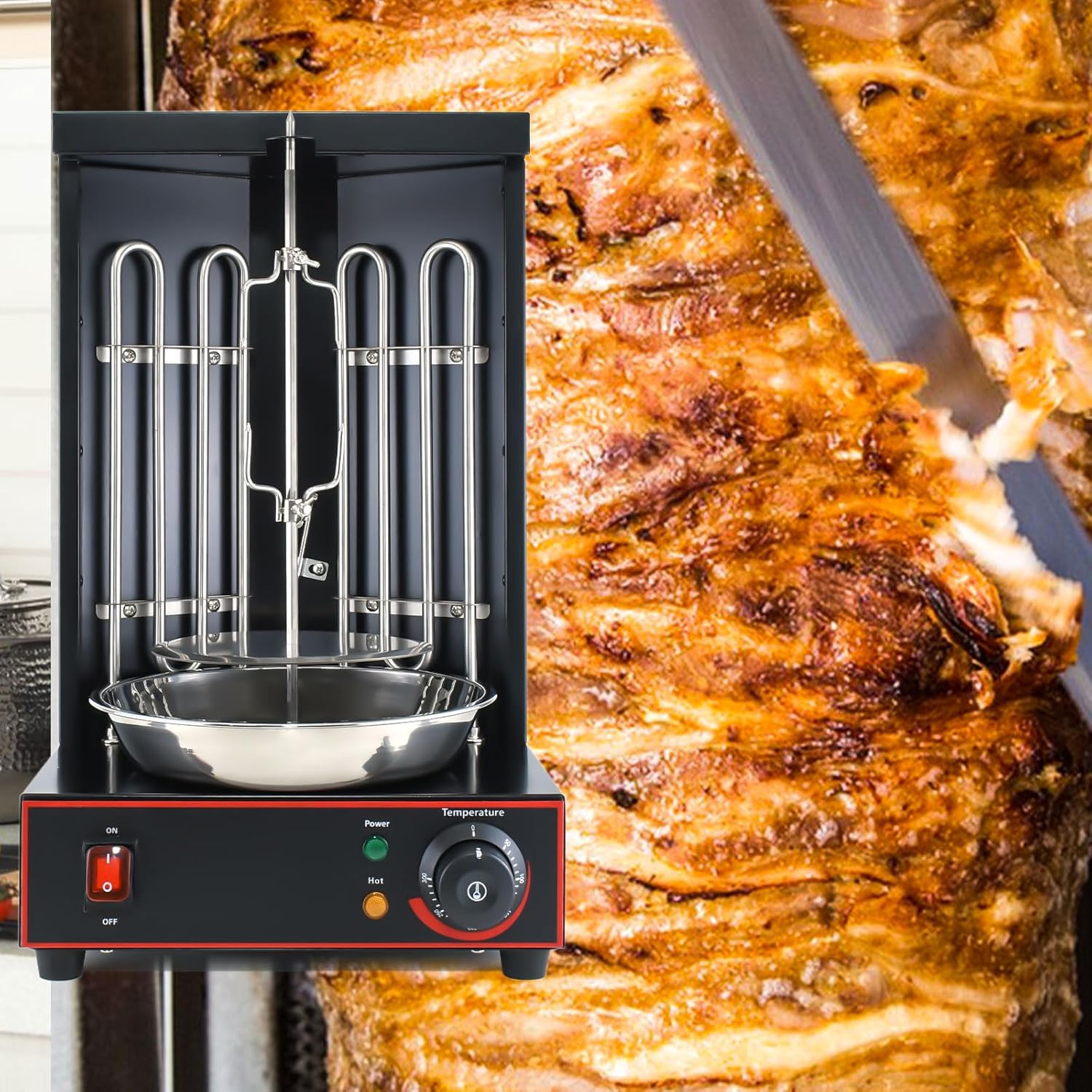 Li Zhen Electric Shwarma Machine Vertical Doner Kebab Machine Turkish Kebab and Grilled Chicken Machine with Meat Catch Pan,Black (Registered Design Patent)