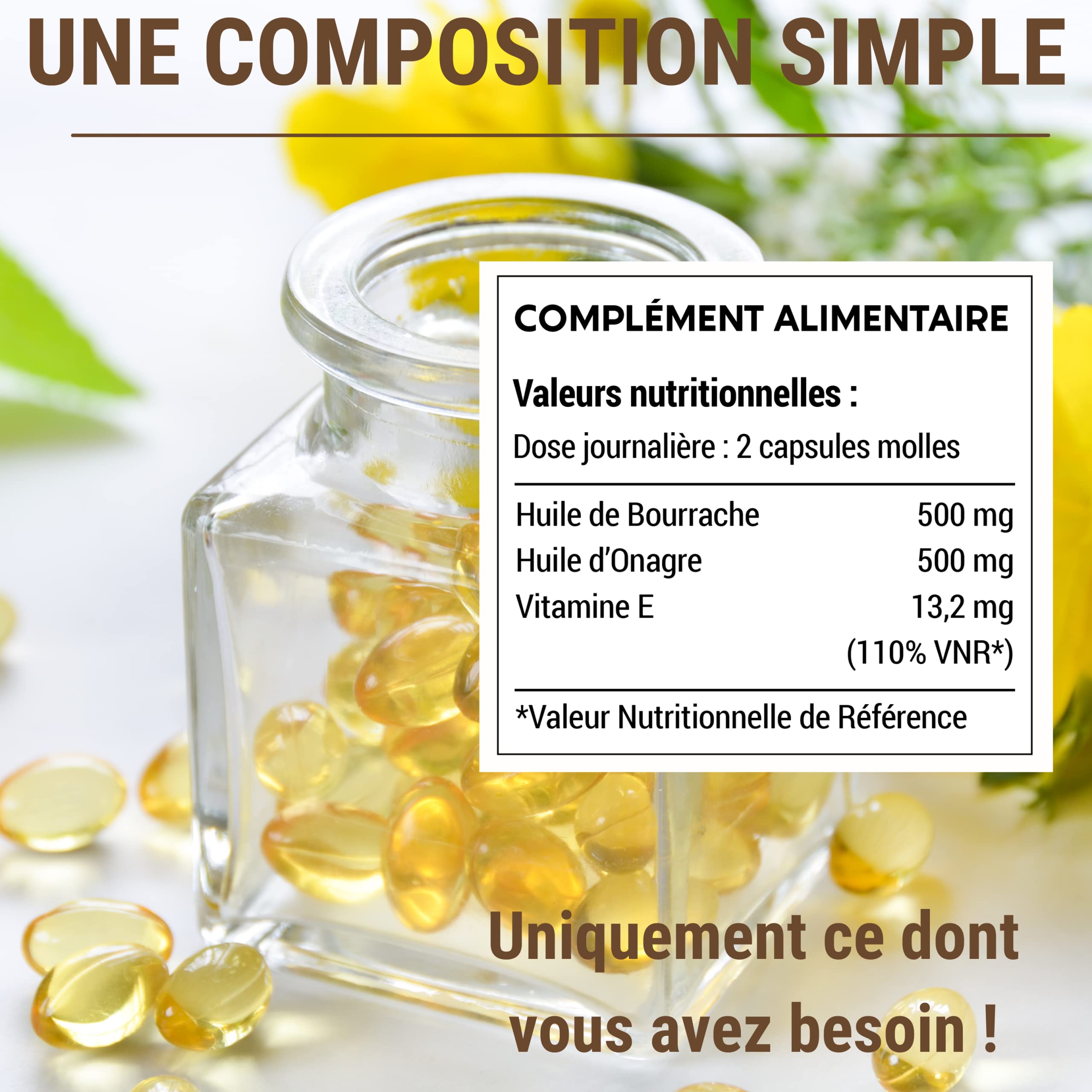 ONAGRE BOURRACHE + VIT E | Huile de Bourrache Huile d'onagre pressées à froid | Equilibre Hormonal Femmes, Ménopause et Syndrome prémenstruel | PEAU |1000 MG | 60 Capsules | Fabriqué en France