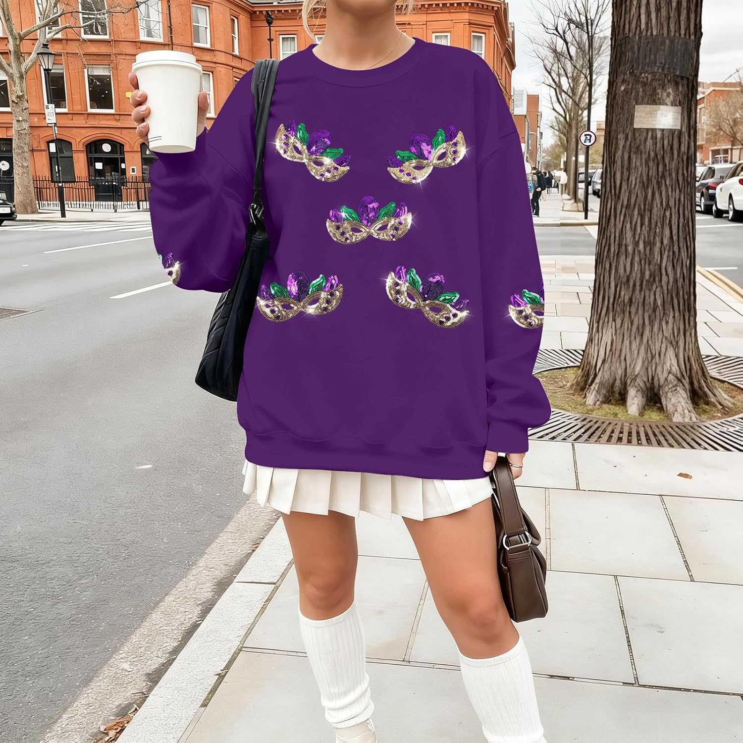 ASTANFY Womens Mardi Gras Sweatshirt Carnival Sequin Purple Sweater Masks Graphic Shirt Crewneck Long Sleeve Tops - Image 4