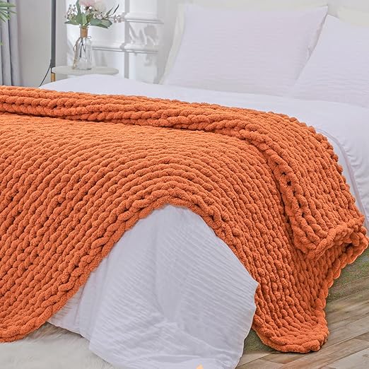 Bigacogo Chunky Knit Blanket Throw 51"x63", 100 Hand Knitted Chenille Throw Blanket