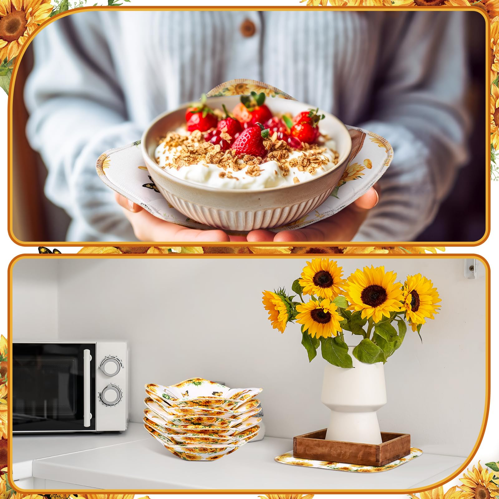 Boao Set of 6 Sunflower Microwave Bowl Cozy Holders, Heat-Resistant Microfiber Holders for Hot Cold Dishes, Multipurpose Burn-Proof Grips for Soup Plates Cups(Sunflower Style)