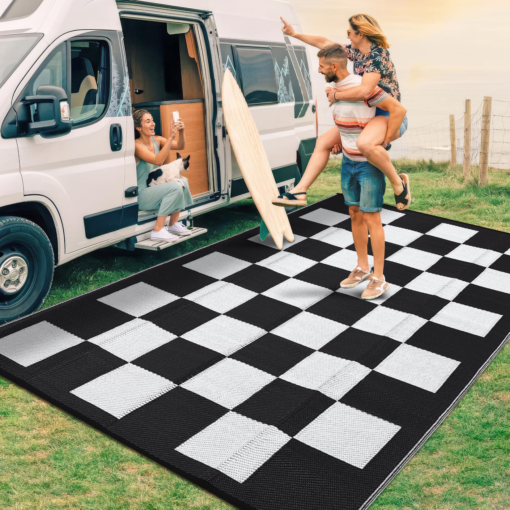 GarveeHome Waterproof Outdoor Rug 9 x 12 Large Modern Checkboard Plastic Straw Rug, Foldable Reversible Camping Mat, UV-Resistant Geometric Plaid