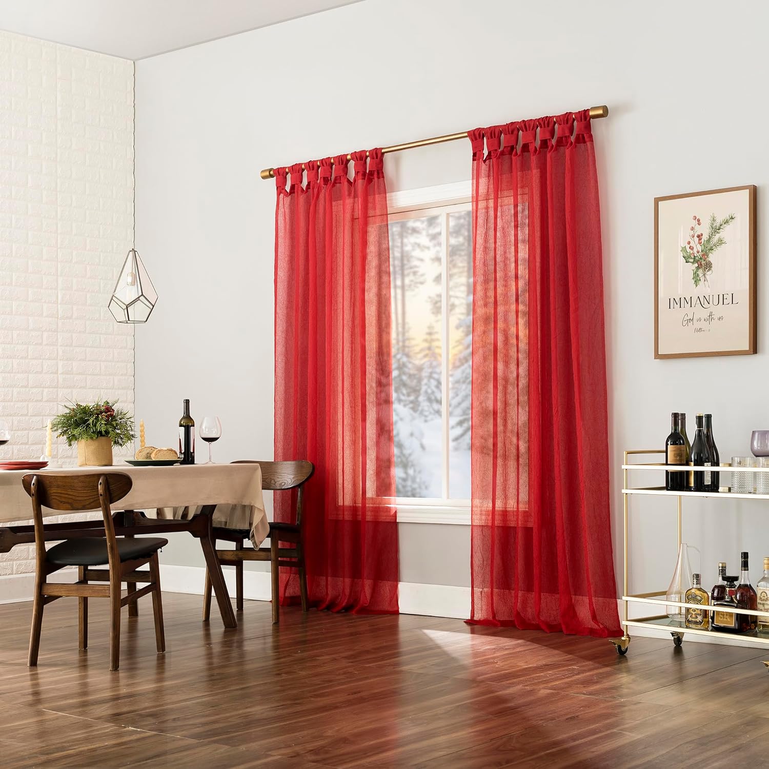 No. 918 Margaret 2-Pack Holiday Twist Tab Crushed Texture Sheer Tab Top Curtain Panel Pair, 51" x 84", Holiday Red