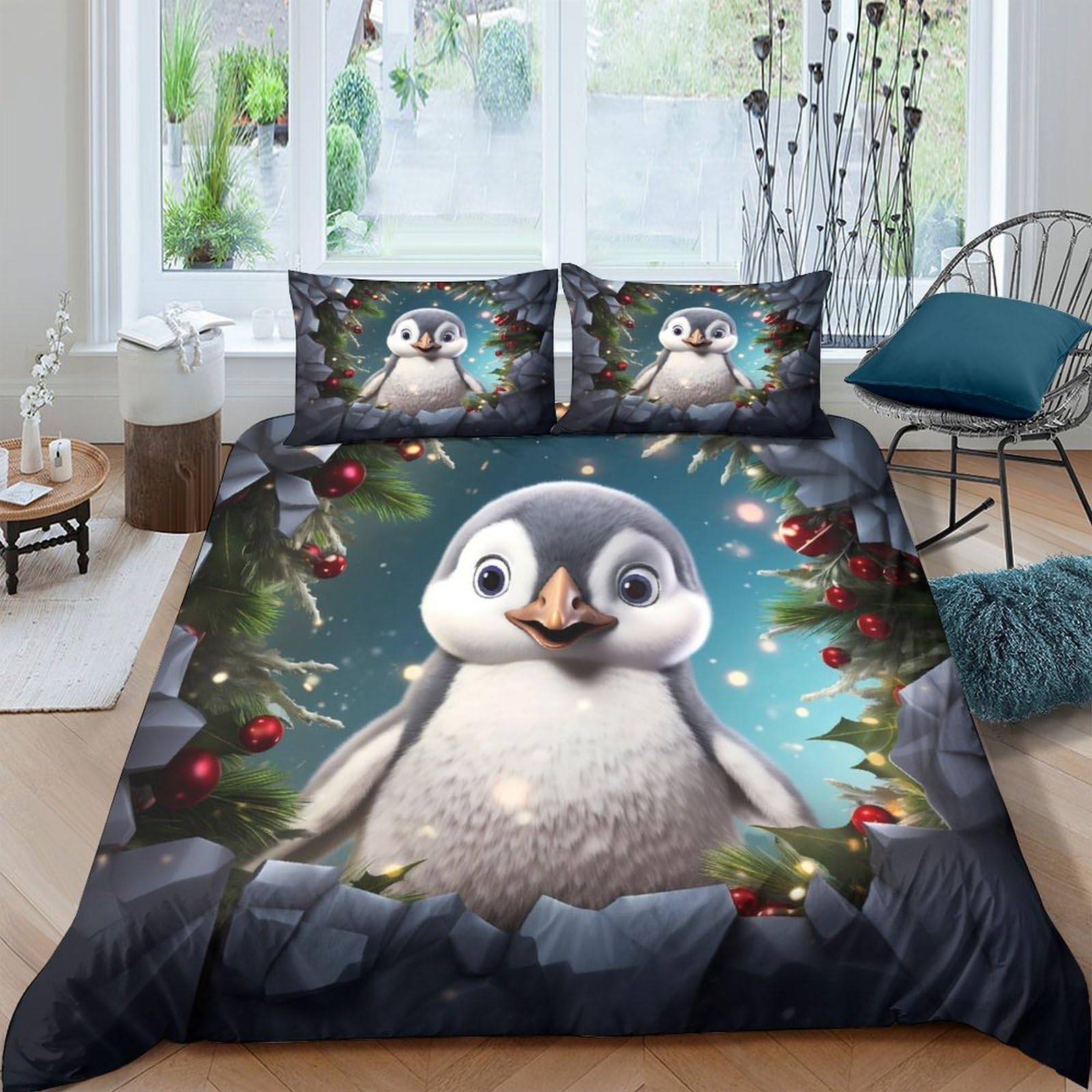 Ctjqhvkz Style-6 3D Printed Festive Penguin Fitted Sheet Microfiber Soft Breathable Winter Wonderland Bed Cover For Bedroom Dorm Decor Single（135X200cm）
