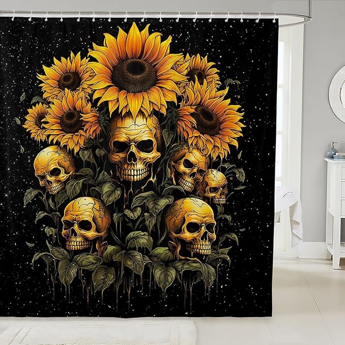 Sugar Skull Shower Curtain,Sunflower Bedding Set for Kids Girls Boys Teens Bathtub Decor,Gothic Bohemia Style Waterproof Curtain Trippy Botanical Bath Curtain,Black Yellow,12 Hooks,72