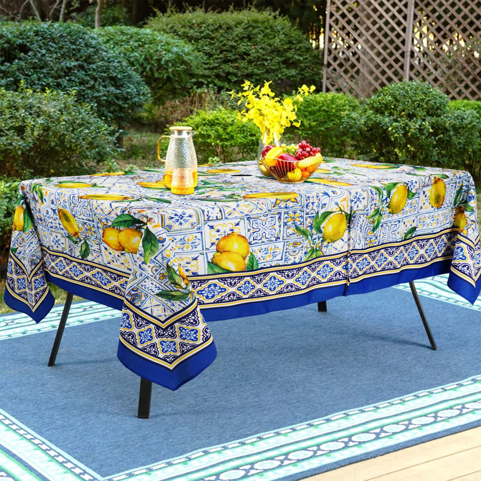 bnhjsdw Blue Outdoor Tablecloth with Umbrella Hole for Rectangle Table, Waterproof Lemon Patio Table Cloth with Zipper