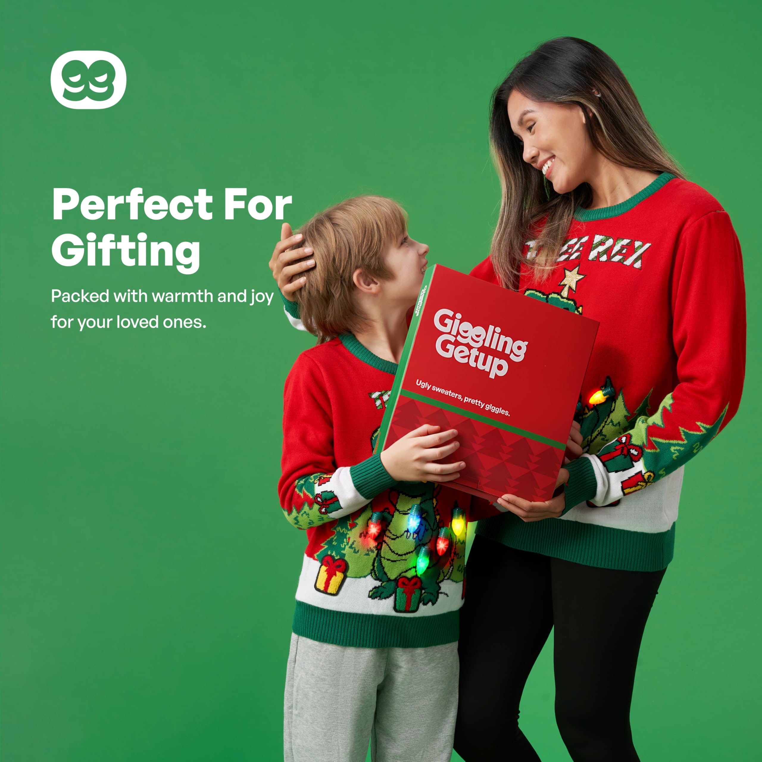 Giggling Getup Suéter feo de Navidad, suéter feo de dinosaurio con luz LED, suéter feo de Navidad