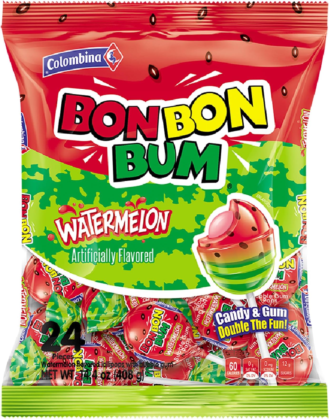 Bon Bon Bum Lollipops Watermelon Flavor, 24 Count (Pack of 1)