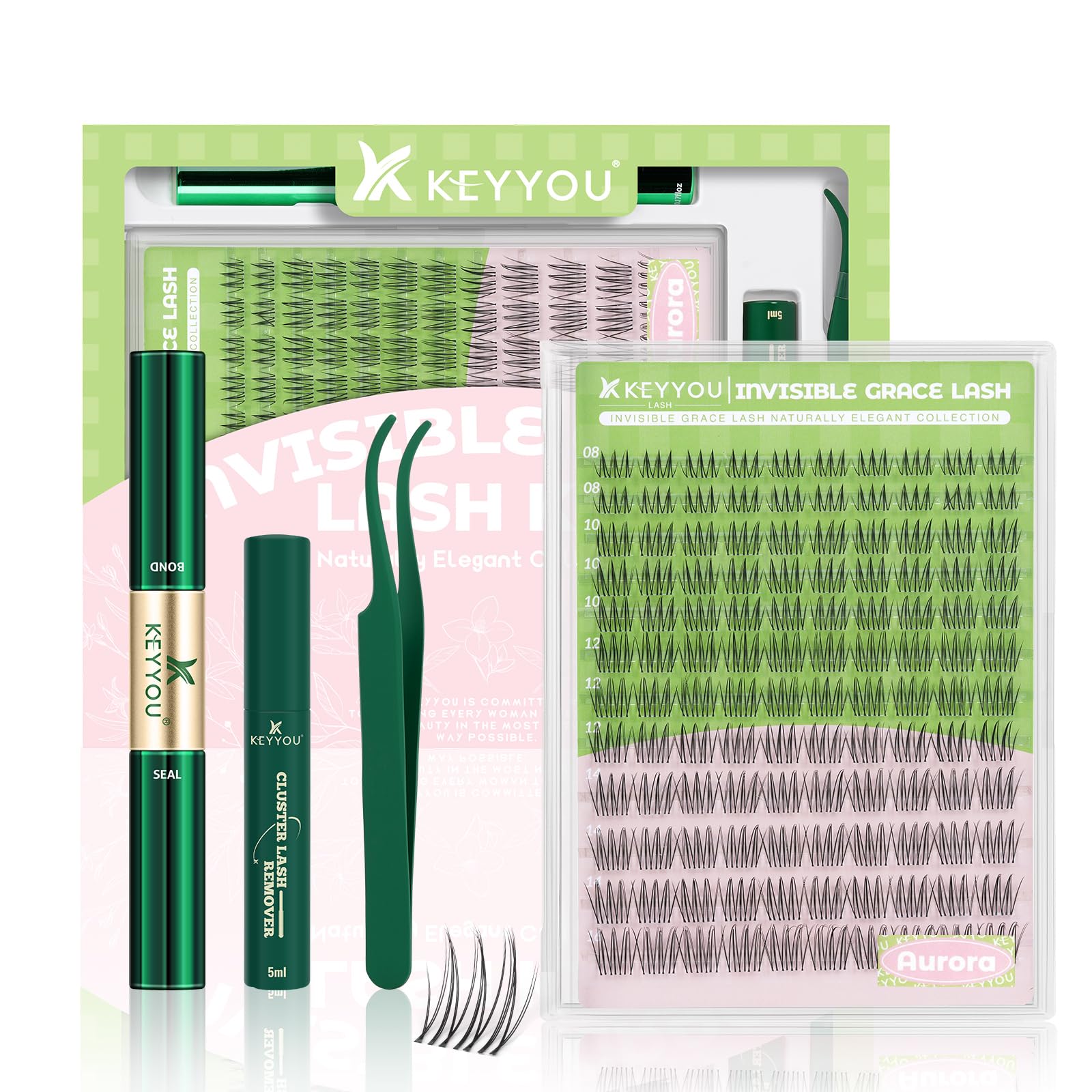 Photo 1 of KEYYOU Aurora Lash Clusters Kit Fairy Lash Extension Kit C Curl 120Pcs Eyelash Extension Kit Wispy Natural Invisible Band Lash Kit with Waterproof DIY Lash Extension Kit at Home(Aurora-C-8-16MIX)