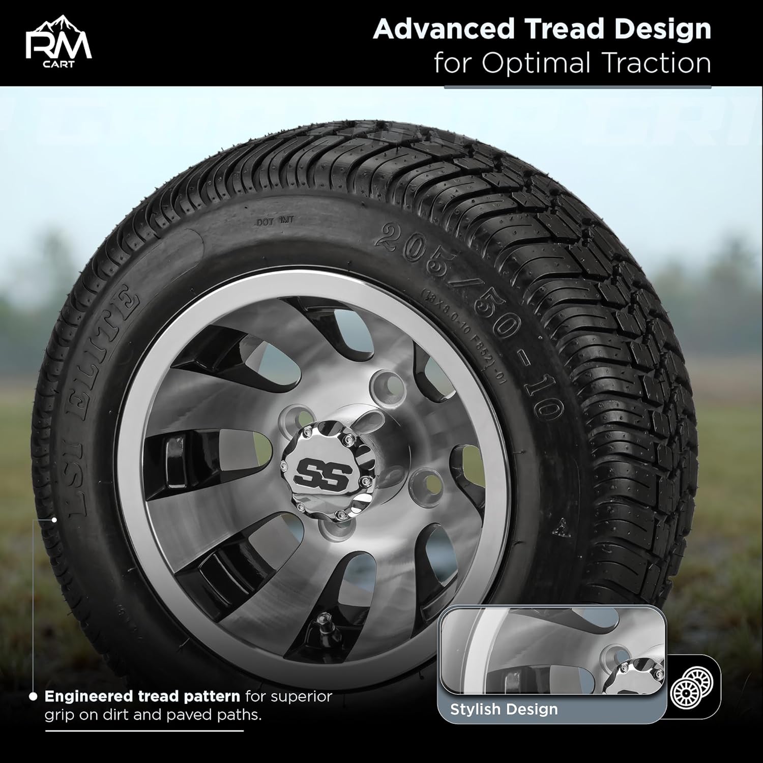 RM Cart 10" Gunslinger Black/Machined on 205/50-10 LSI Elite Low Pro Tires (Set of 4) | Golf Cart Tires and Wheels Combo with Standard Lug Nuts