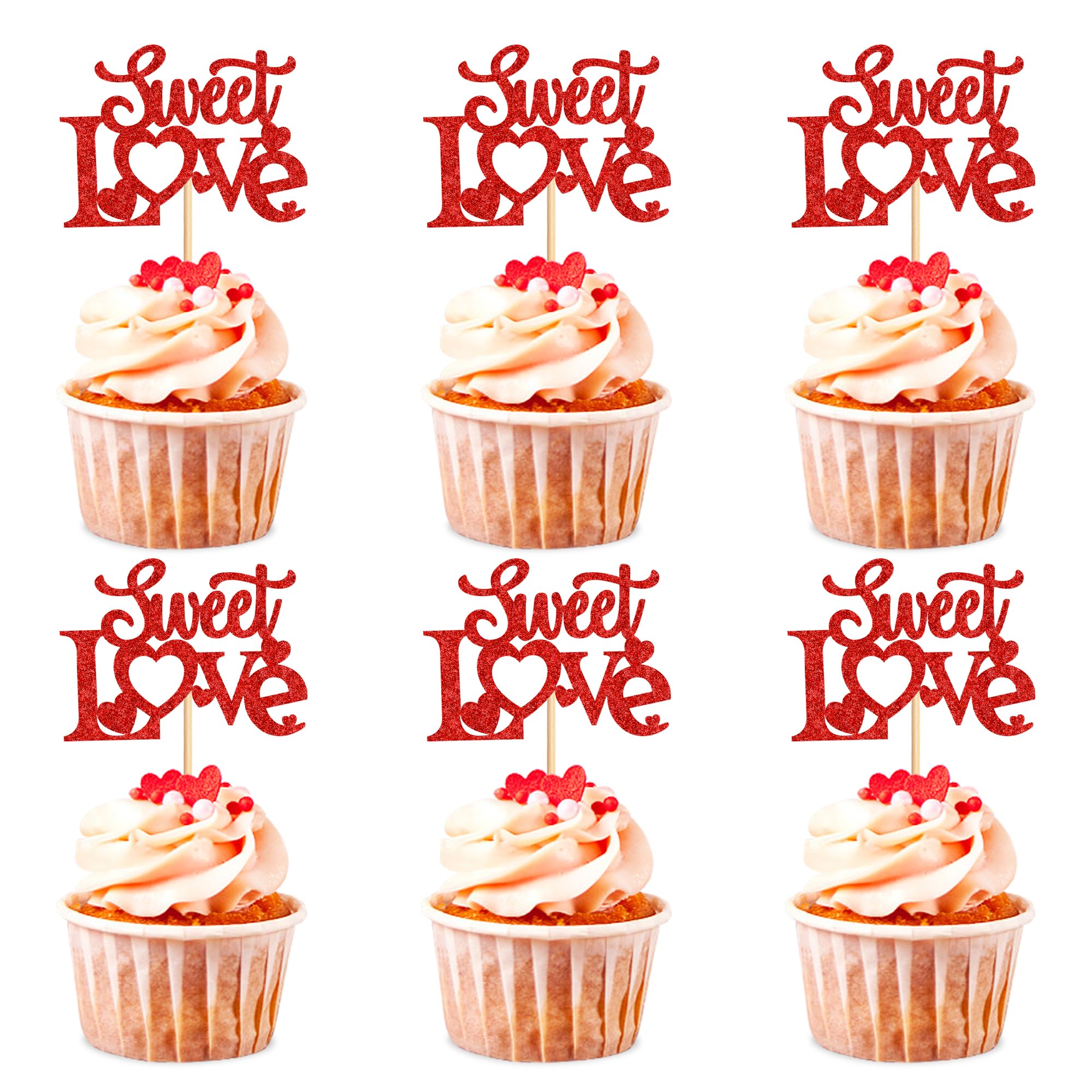 Blumomon 24Pcs Glitter Red Happy Valentine's Day Cupcake Toppers Valentine's Day Cake Decorations for Sweet Love Wedding Engagement Valentine's Day Bridal Shower Party Cake Decors