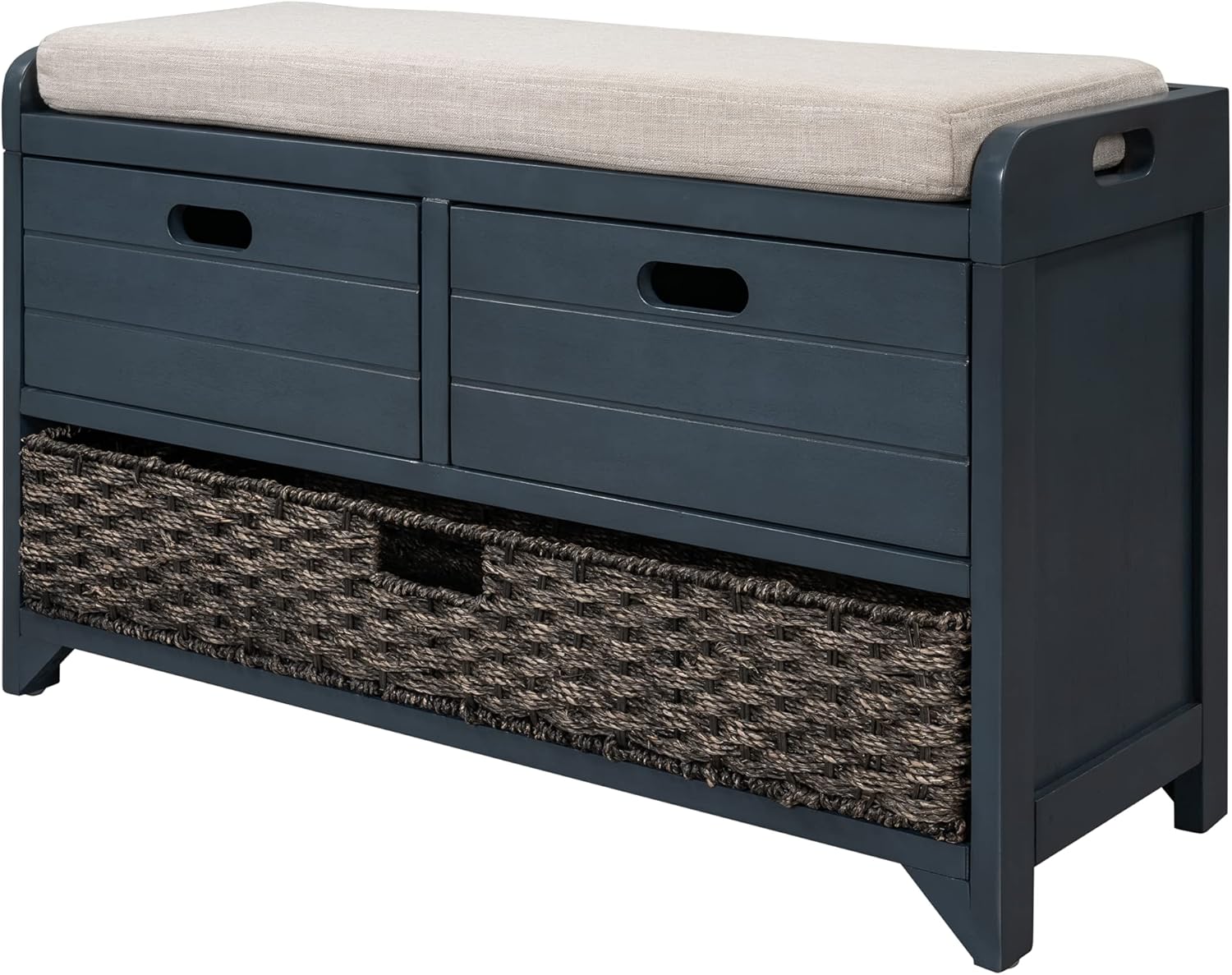 Wood Storage Bench with 1 Basket and 2 Drawers,Fully Assembled Shoe Stool,W/Removable Cushion,for Hallway,Entryway,Bedroom,Living Room,Navy, 32"