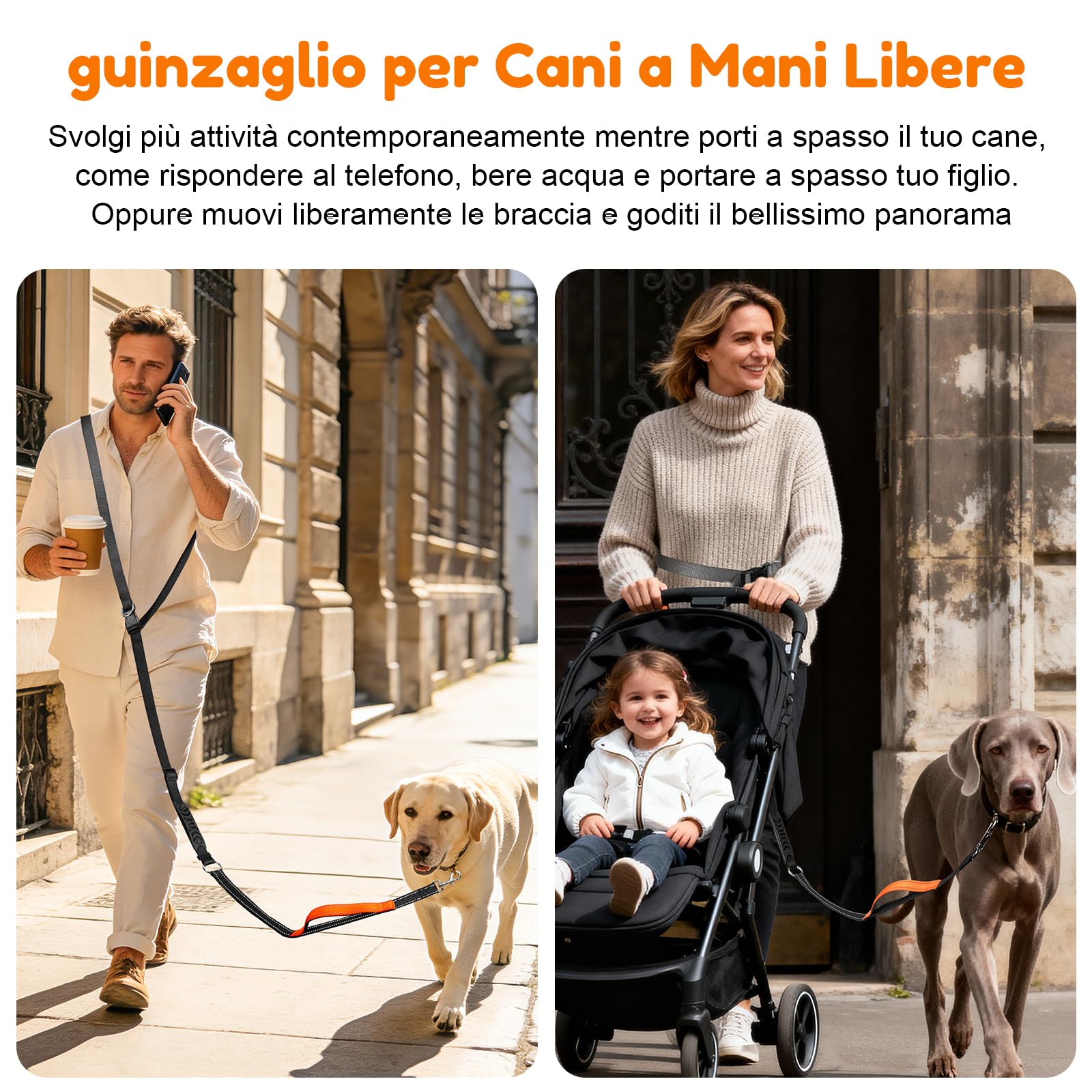 X XBEN Guinzaglio Cani Mani Libere, Multifunzionale Guinzaglio da Corsa per Cani Grande Media e Piccola, Cintura in Vita Regolabile Guinzagli per Cani con Doppie Maniglia Metallo Fibbia, 0,8-2,35 M