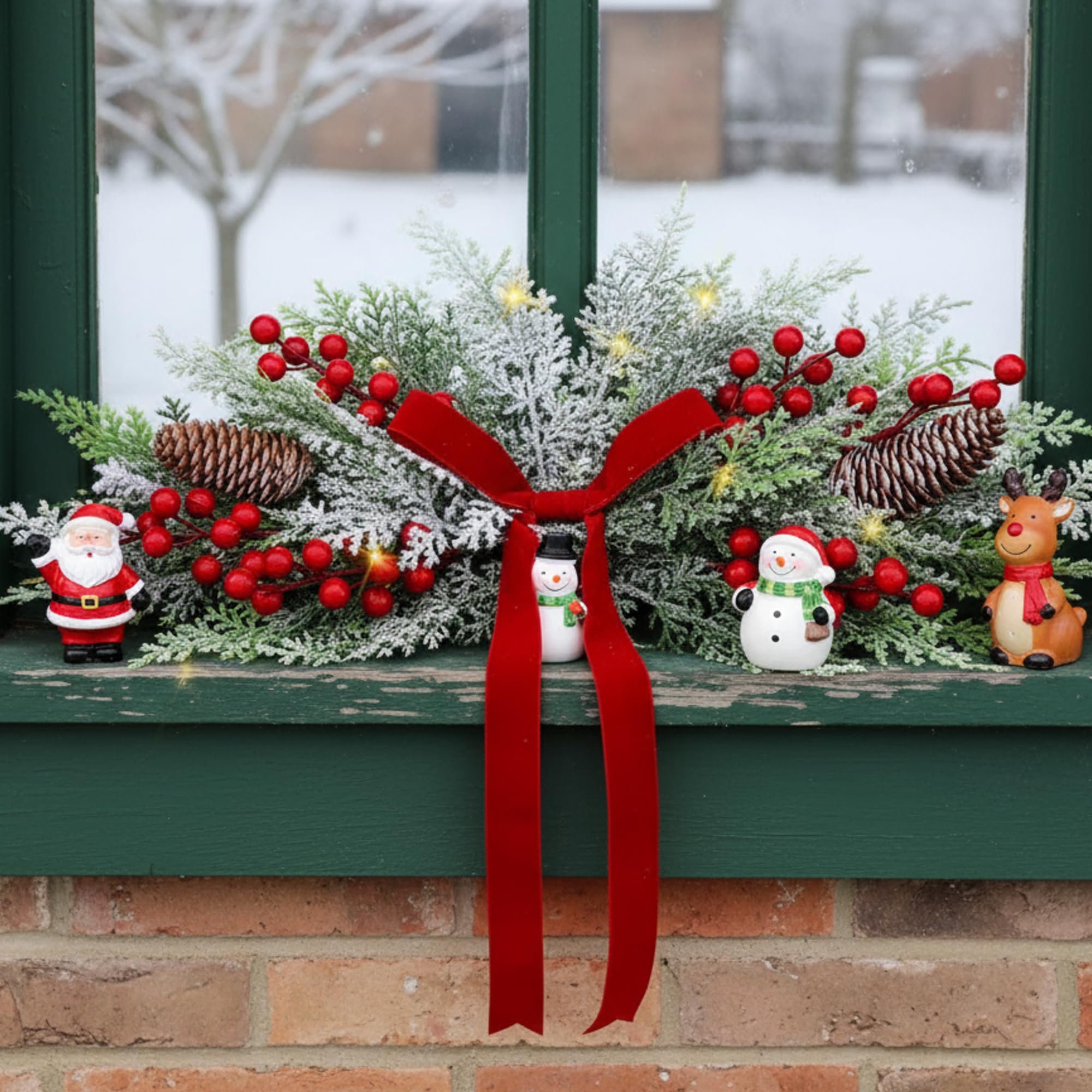 Giegxin Guirlande de Noël artificielle en cèdre givré de 61 cm avec nœud rouge et lumières LED pour porte d'entrée, guirlande de sapin de Noël, couronne de Noël synthétique pour boîte aux lettres