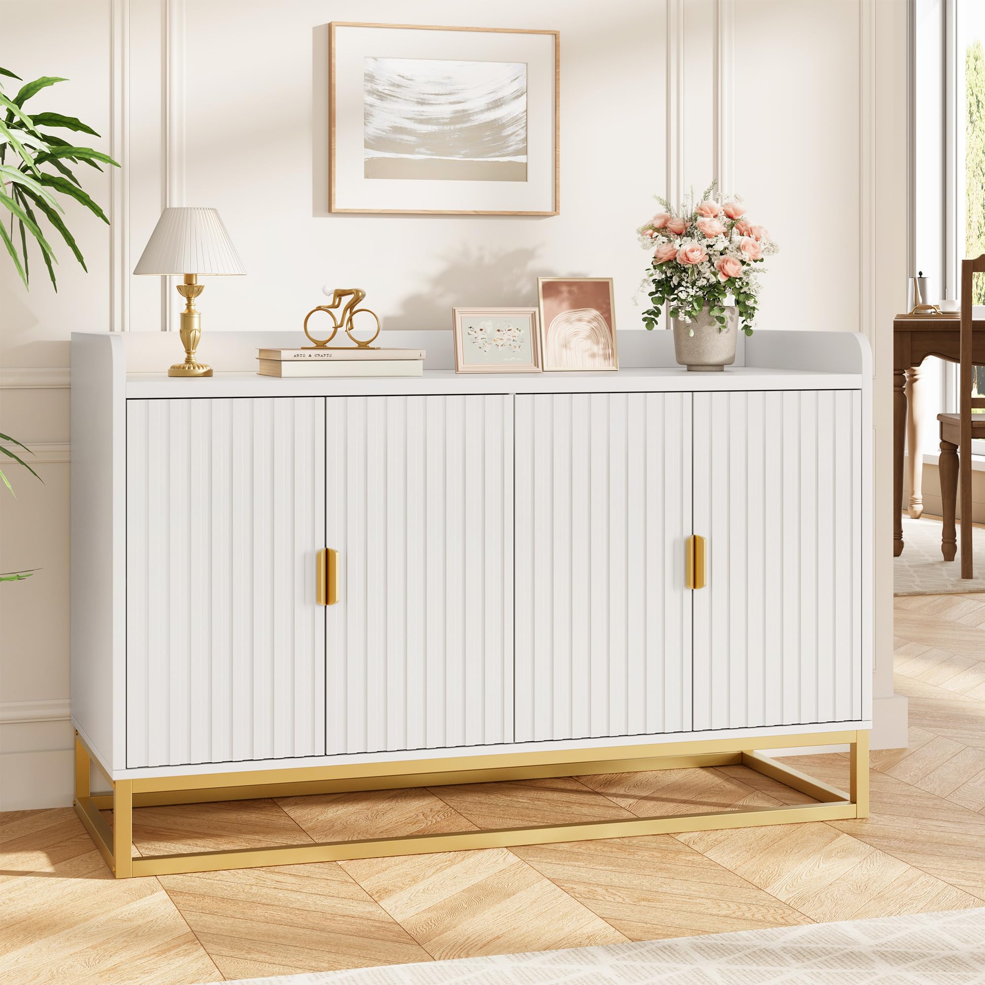 Garvee 47.2" Fluted Sideboard with Storage Cabinet, Modern Kitchen Sideboard with Adjustable Shelves, Media Console Buffet Cabinet with Doors for Living Room, Kitchen, Entryway, White