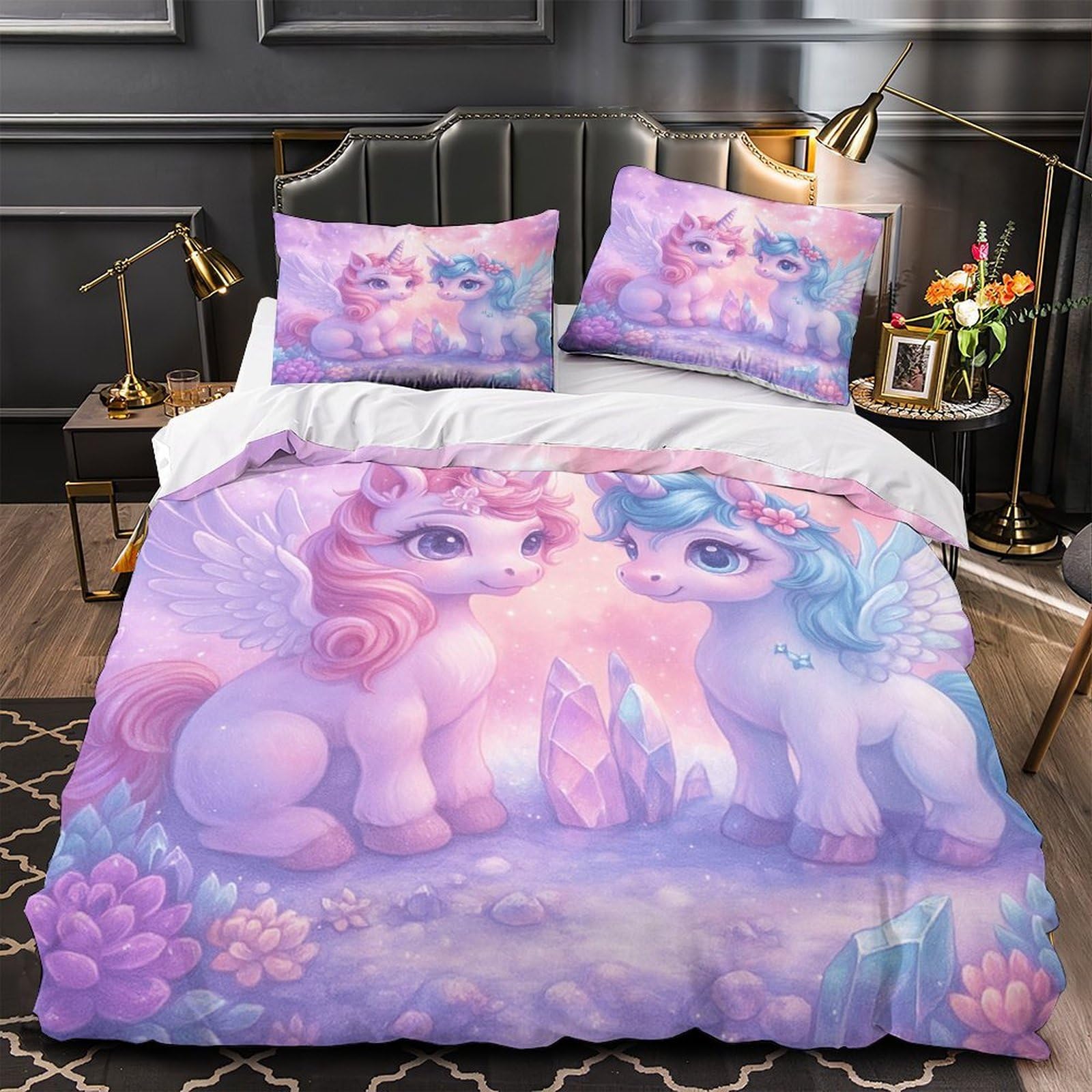 Housse de couette licorne 140x200cm avec taie parure microfibre
