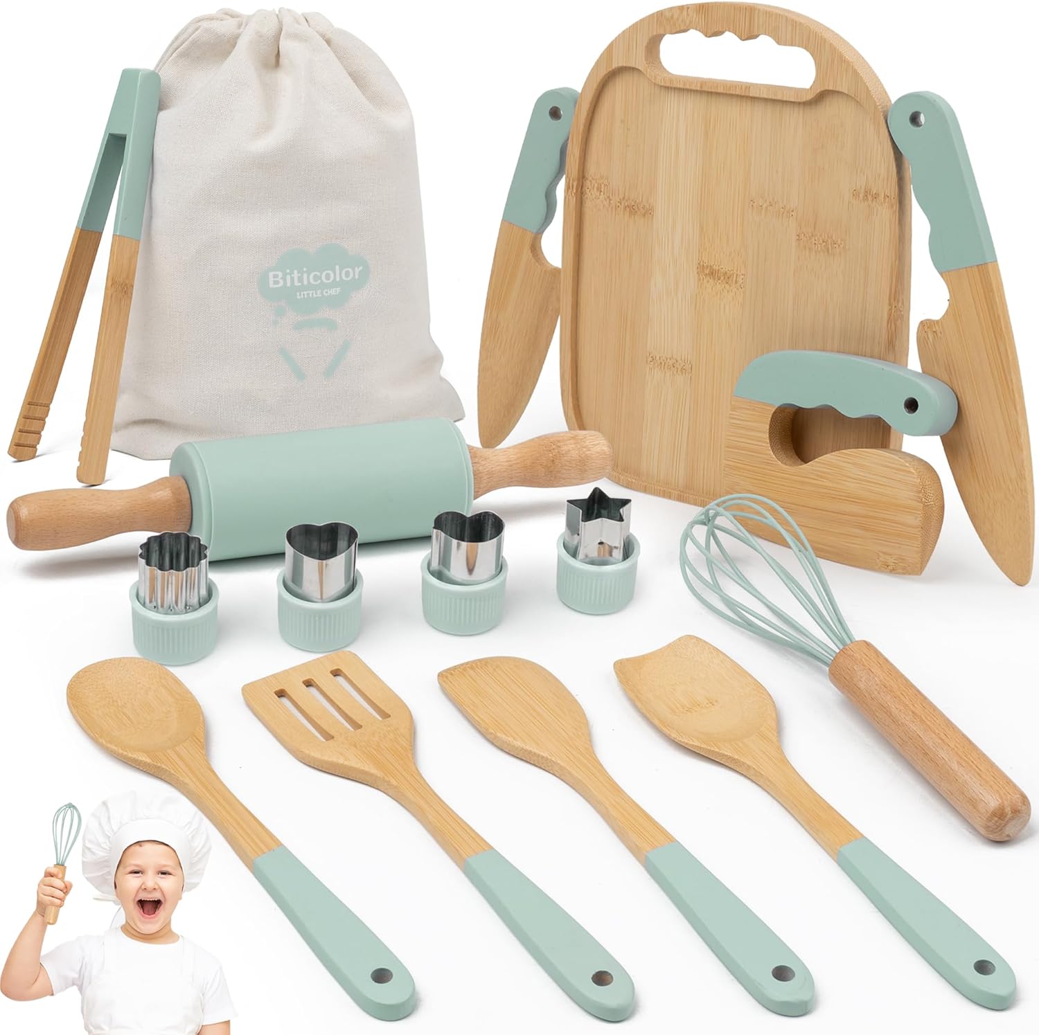 Wooden Kids Cooking Set Montessori Kit – Real Toddler Kitchen Tools & Baking Utensils – 15PCS Cooking Kit for Kids with Storage Bag, Great Gift for Pretend Play & Montessori Learning (Green)