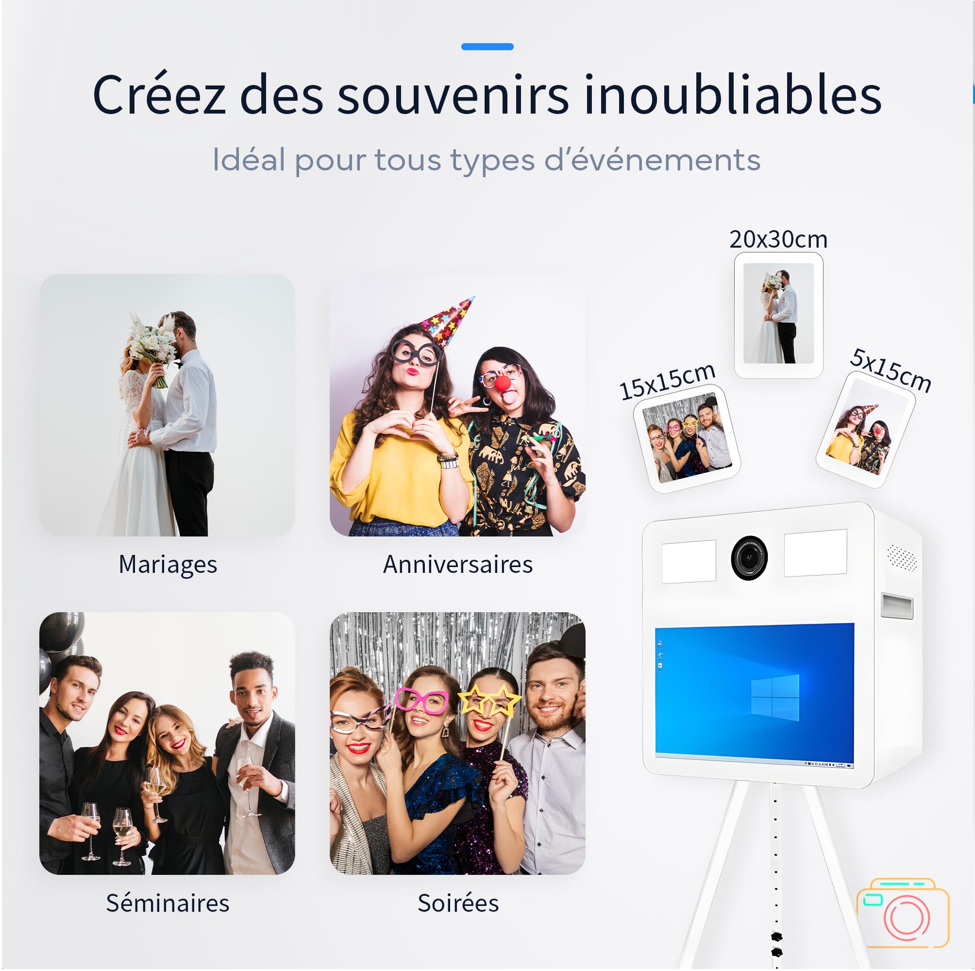 Photobooth Tout-en-Un avec Imprimante et Appareil Photo Reflex - Écran Tactile 21.5" - Impression Instantanée, Étui de Transport et Support de Coque - Parfait pour Événements et Partages Instantanés