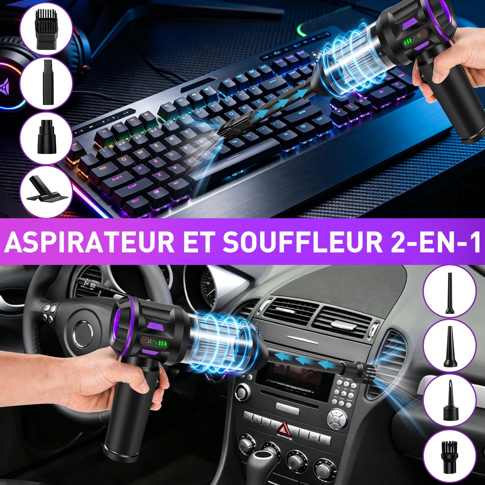 Aspirateur à Main, 22000PA Aspirateur Voiture sans Fil Puissant, 220000 TR/Min Moteur sans Balai, 4 en 1 Niveaux Réglables pour Poils d'animaux, Voiture, Maison, Violet