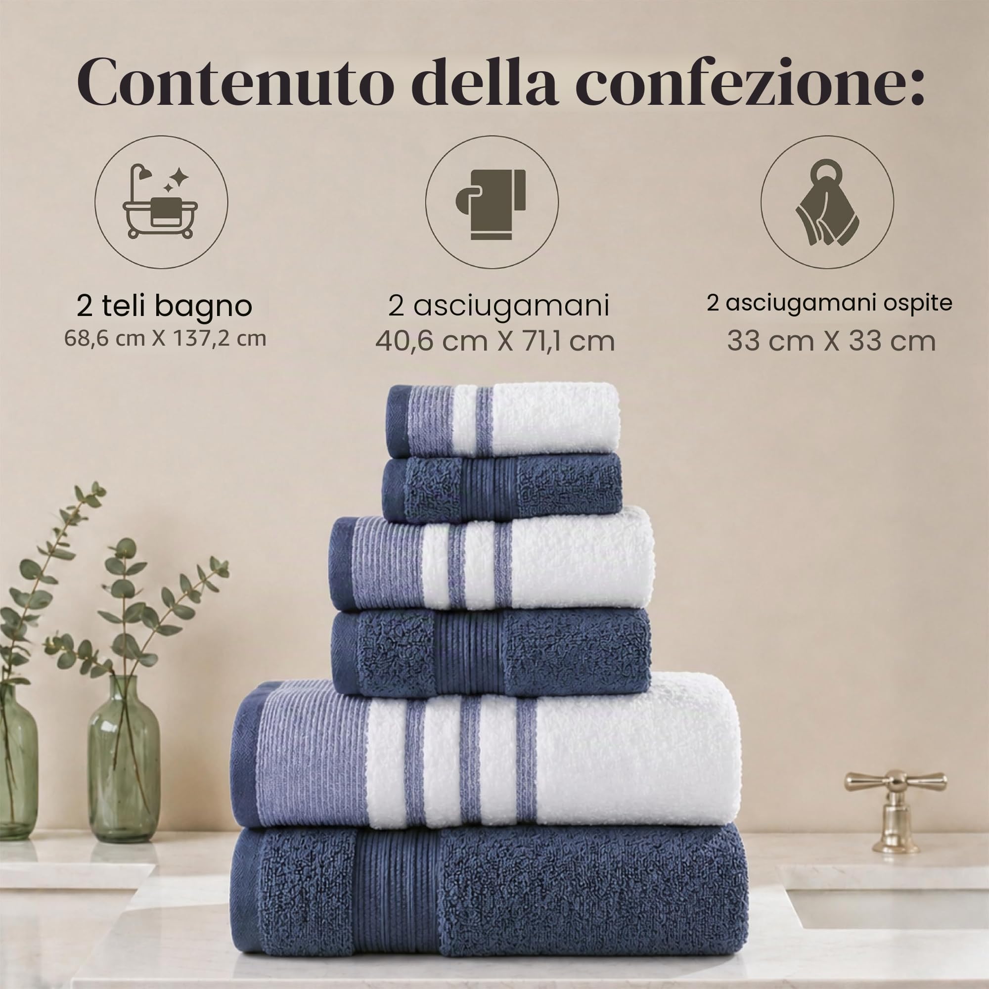 Modern Threads Set 6 Pezzi, 2 Asciugamani Bagno, 2 Asciugamani, 2 Asciugamani, Asciugatura Rapida Bianco/Contrasto Reinhart Denim