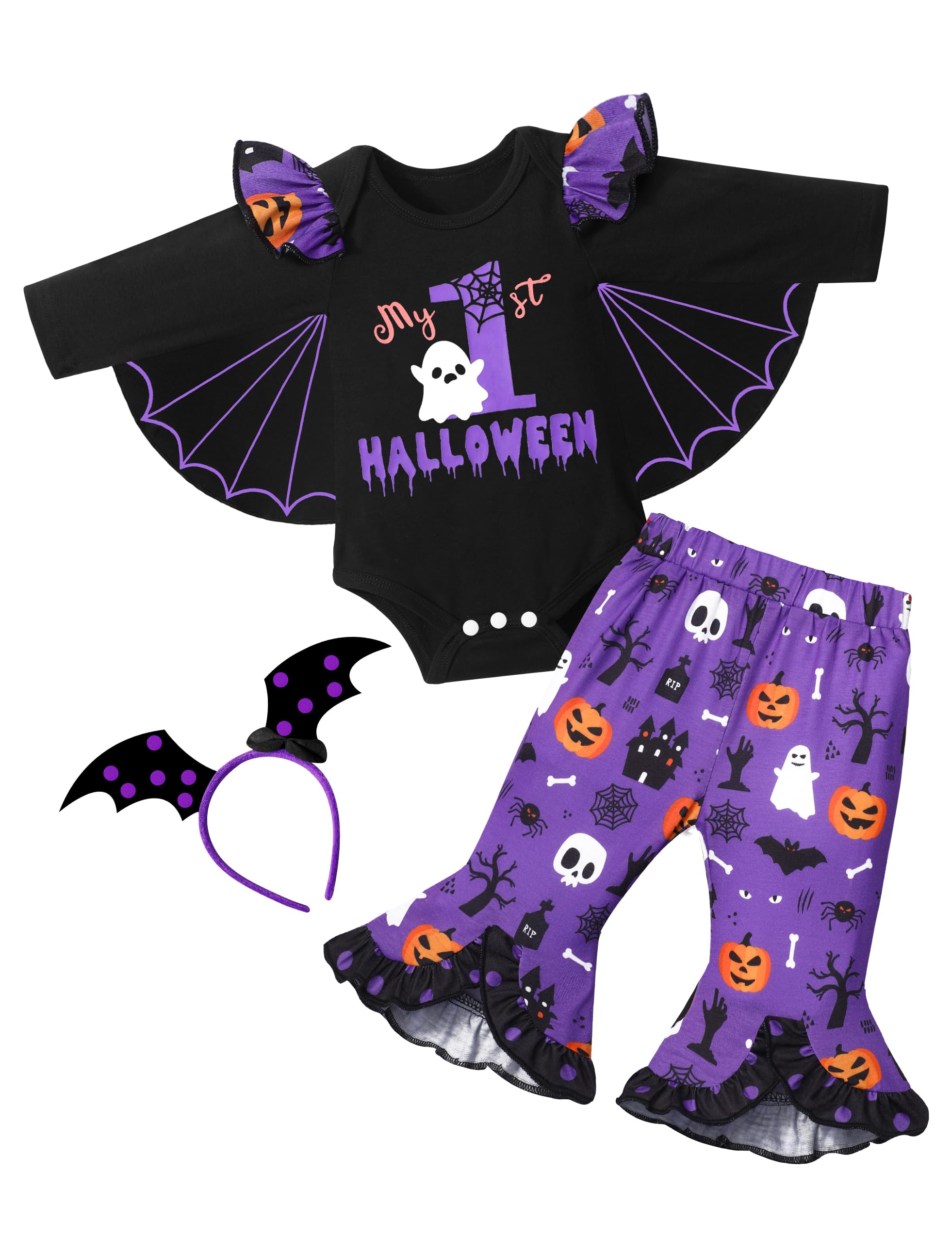Boiltcat My First Hallo Ween Outfit Girl Ruffle Baby Girl Hallo Ween Outfit Batwing Sleeves Romper Flare Pants Headband 3 Piece Hallo Ween Clothes Baby Girl 3-6 Months Purple
