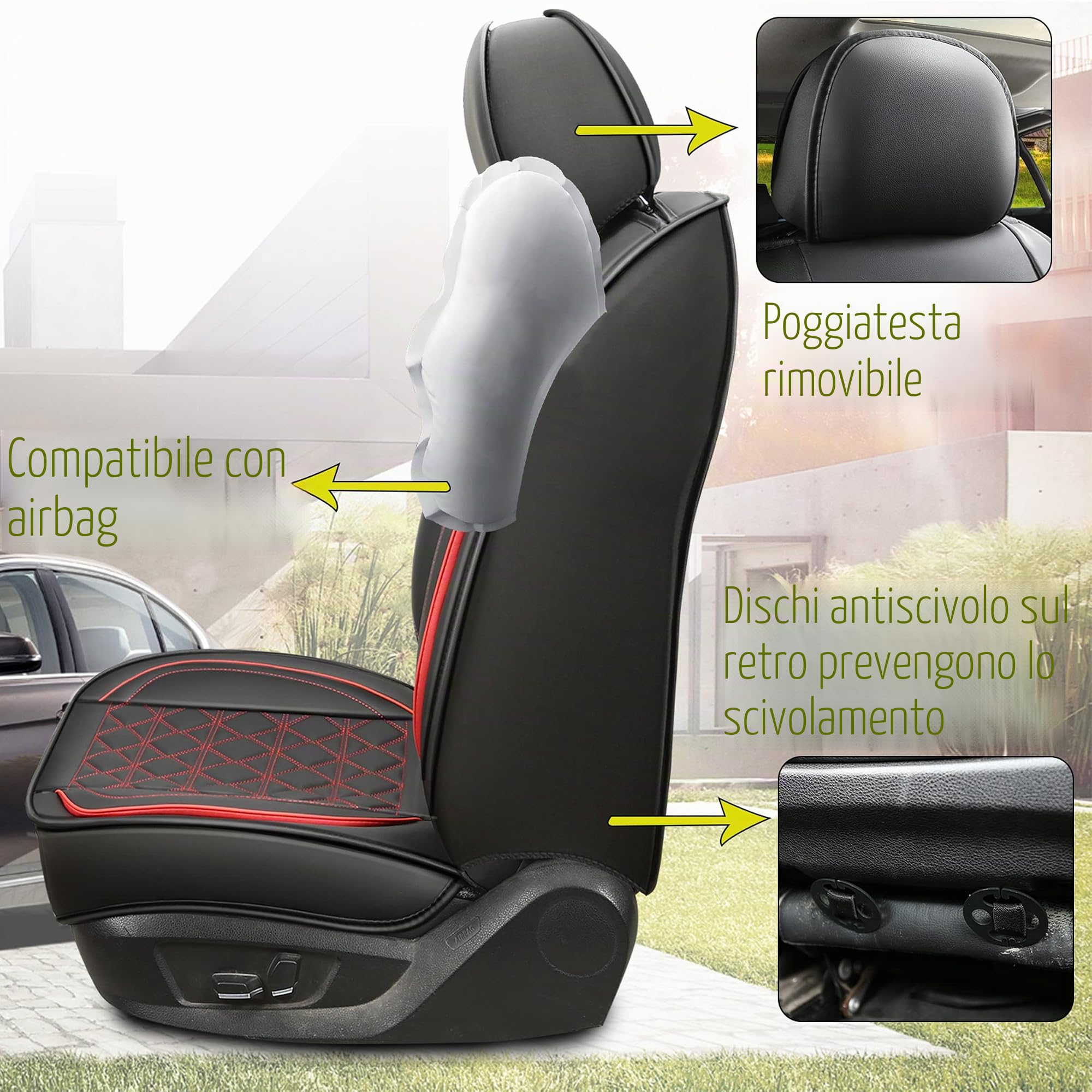 Coprisedili Auto In Pelle Set Completo, Coprisedili Auto In Pelle Universale,Coprisedili Auto Per La Maggior Parte Delle Berline, Suv (Set Di 5 Pezzi) (Nero rosso, Set Completo)
