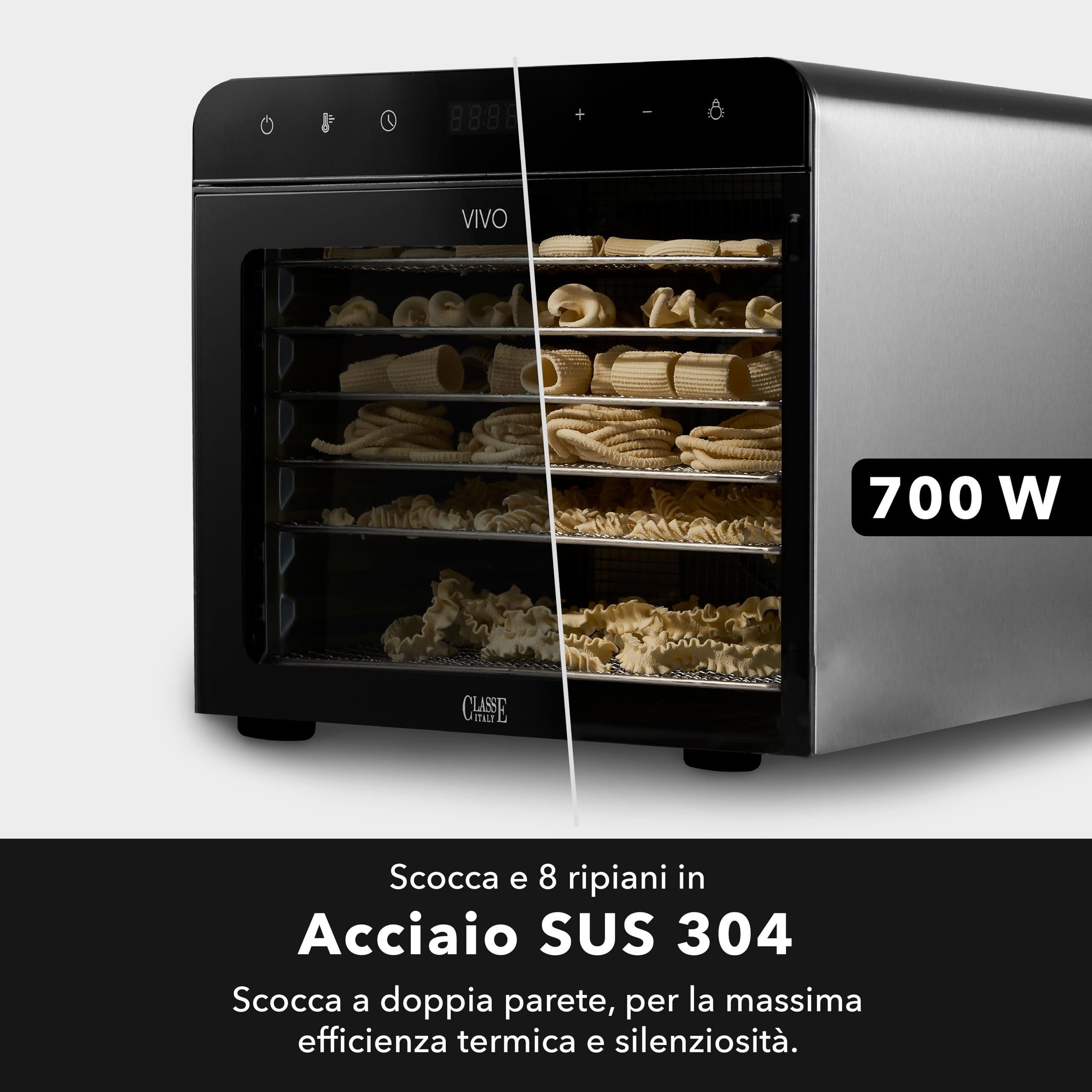 CLASSE ITALY Essiccatore Alimentare Basso Consumo, 8 Vassoi in Acciaio SUS 304, 700W, GARANZIA 5 ANNI, Temperatura Regolabile 35-85°C, Timer 24 ore, BPA Free