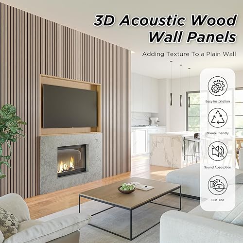 Miniatura 4 de Smartstandard Paquete de 4 paneles de pared de listones de madera de 106 x 12.6 pulgadas, paneles de pared de madera insonorizados, paneles de