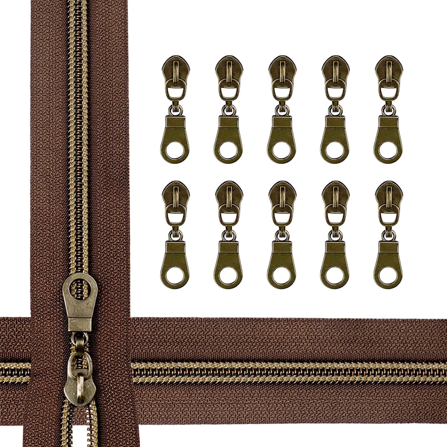 Zynzaoacs #5 Zipper by The Yard with Pulls, Continuous Beige Tape (10Yds) and Rust-Proof Antique Brass Pulls (25Pcs), Bulk Zippers for Sewing Bags and Purses, Cuttable Nylon Zipper Roll