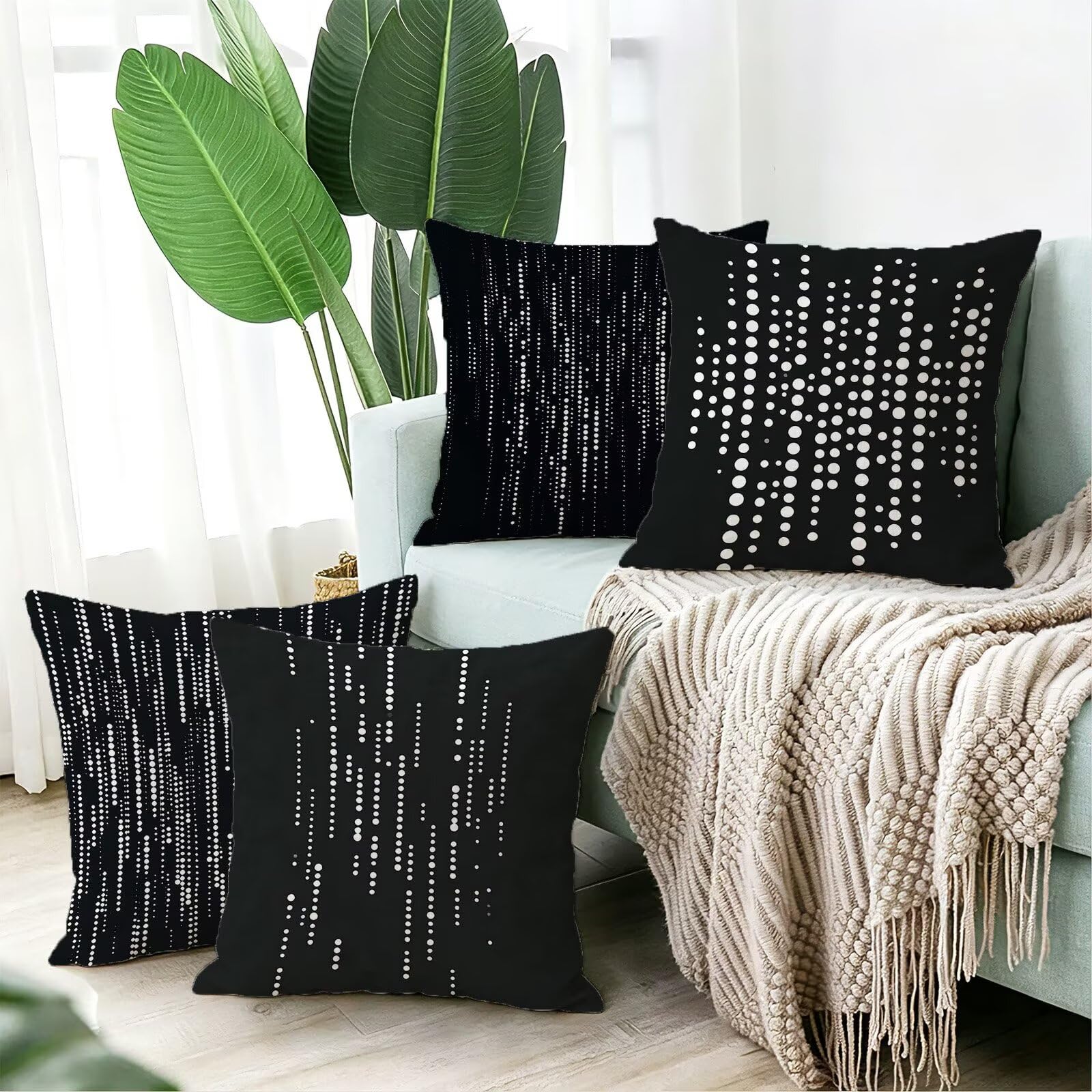 Nero Federe Cuscini Divano 50x50cm, Cuscini da Esterno Set de 4, Cod-127 | Lin Copricuscini Decorativi Letto Arredo, per Letto, Soggiorno, Giardino, Esterno, Casa Decorazione Set di 4 Geometria