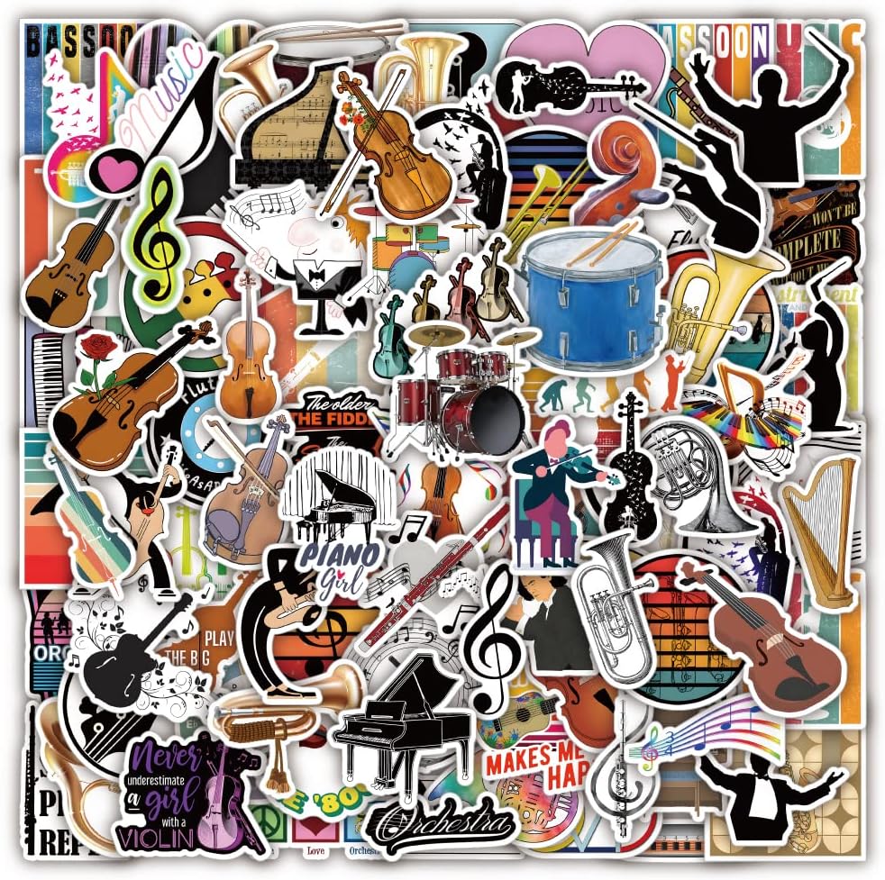 100Pcs Music Stickers for Orchestral, Violin Laptop Stickers for Kids,Musical Instrument Aesthetic Vinyl Waterproof Piano Decal Sticker for Water Bottles,Skateboard,Guitar,Gifts for Adults Teens