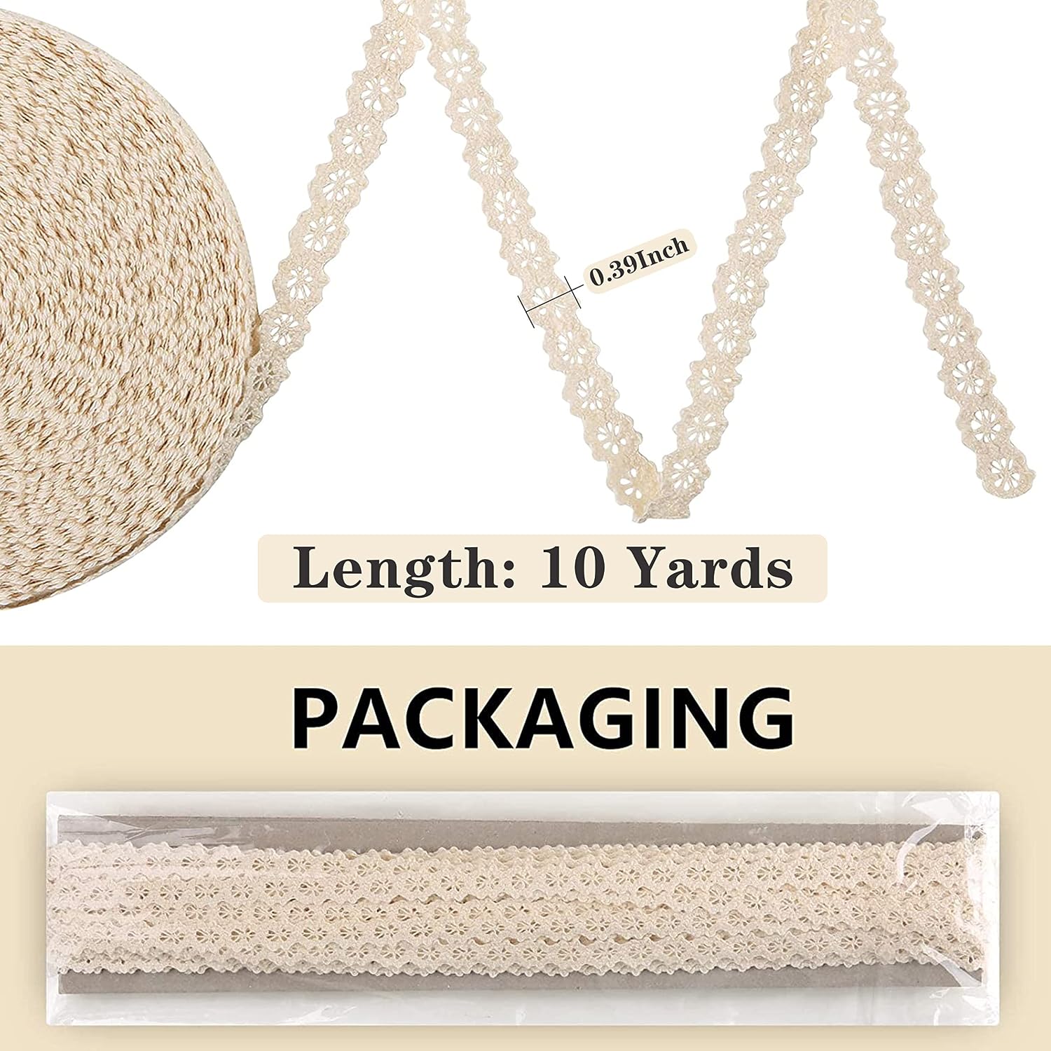 Cotton Lace Ribbon, Beige Crochet Lace Trim for Scrapbooking Gift Package Wrapping, DIY Craft Ribbon, 10 Yards (1CM)