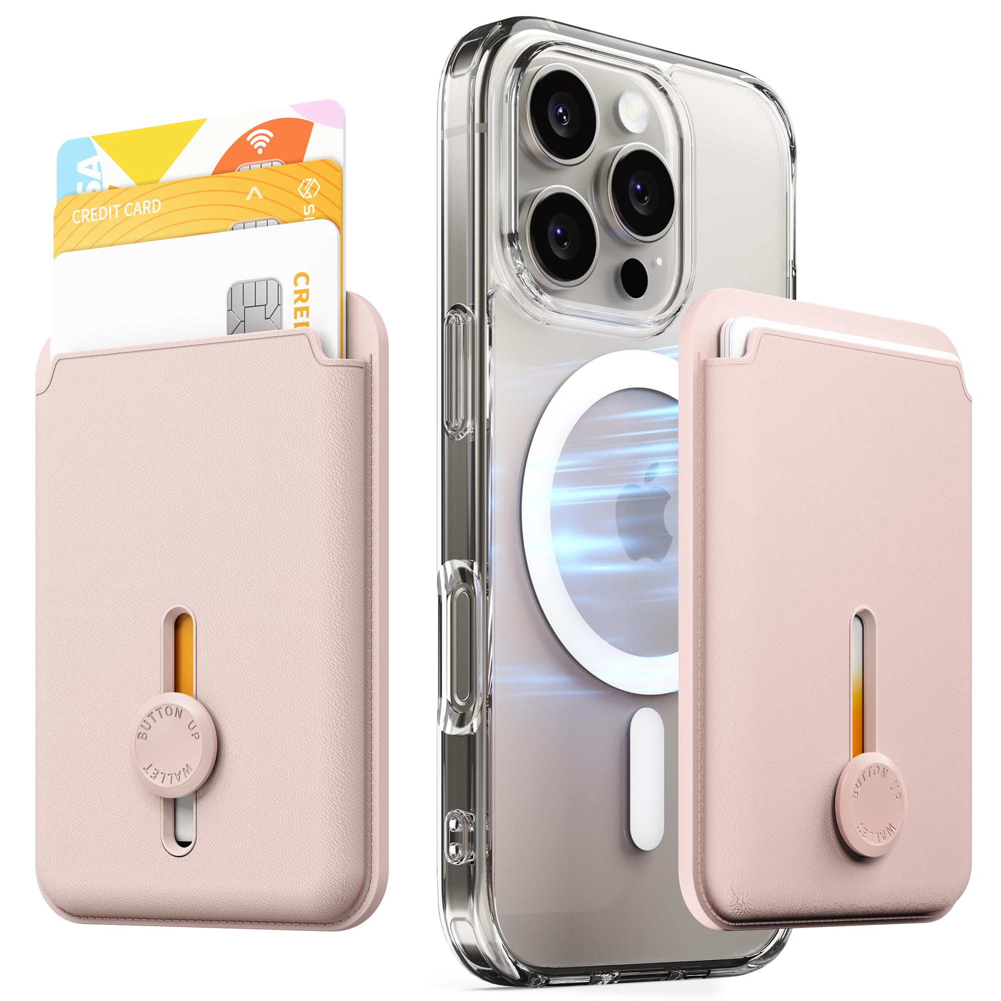 Sinjimoru MagSafe Wallet, Magnetische Kartenhalterung für bis zu 3 Karten mit Schnellzugriff per Knopfschieber, kompatibel mit iPhone 12–17, M-Viica Button Wallet Rosa Sand