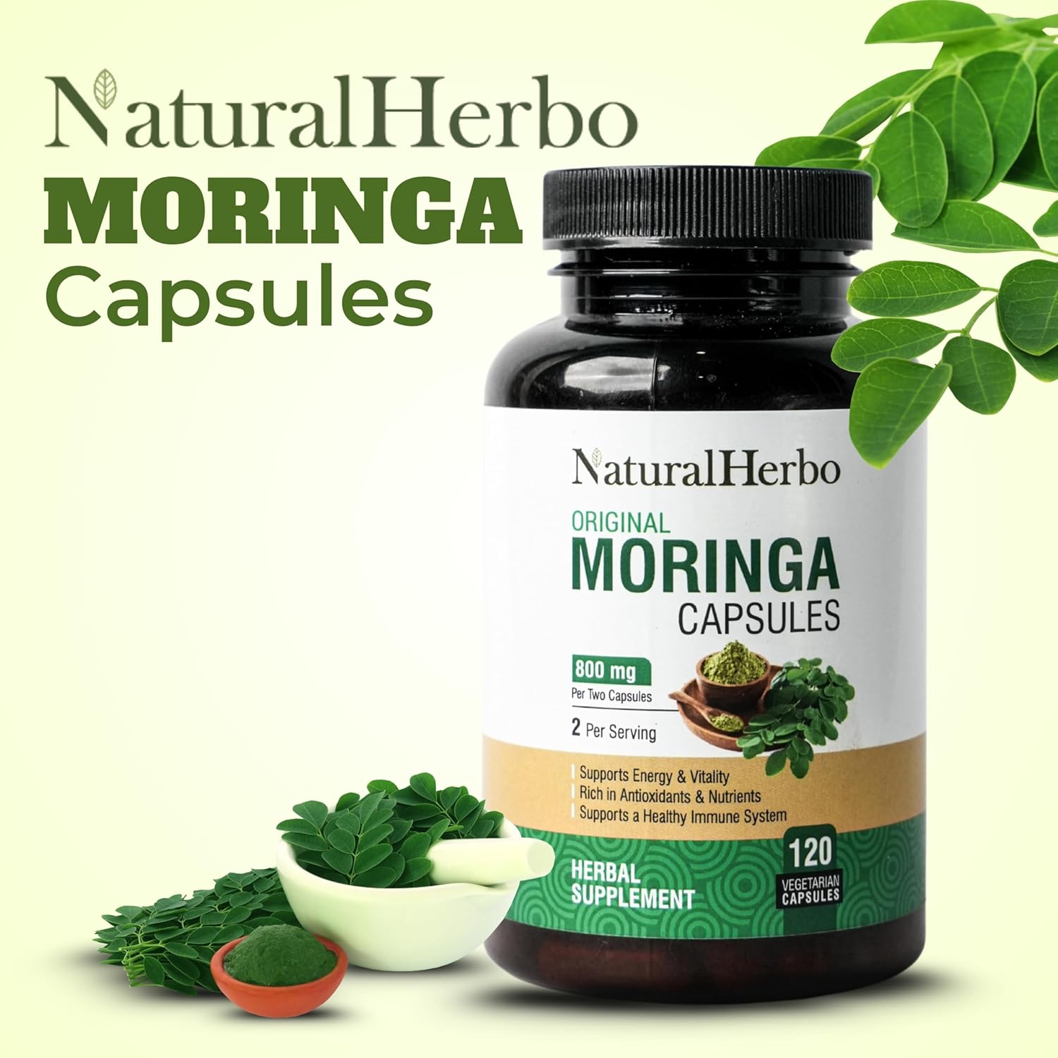 Pure Moringa Capsules - Pure Moringa Leaf Extract for Natural Energy, Digestion & Daily Wellness | Green Superfood Supplement | Vegan, Non-GMO, Gluten-Free | 120 Capsules (800mg) - Image 2