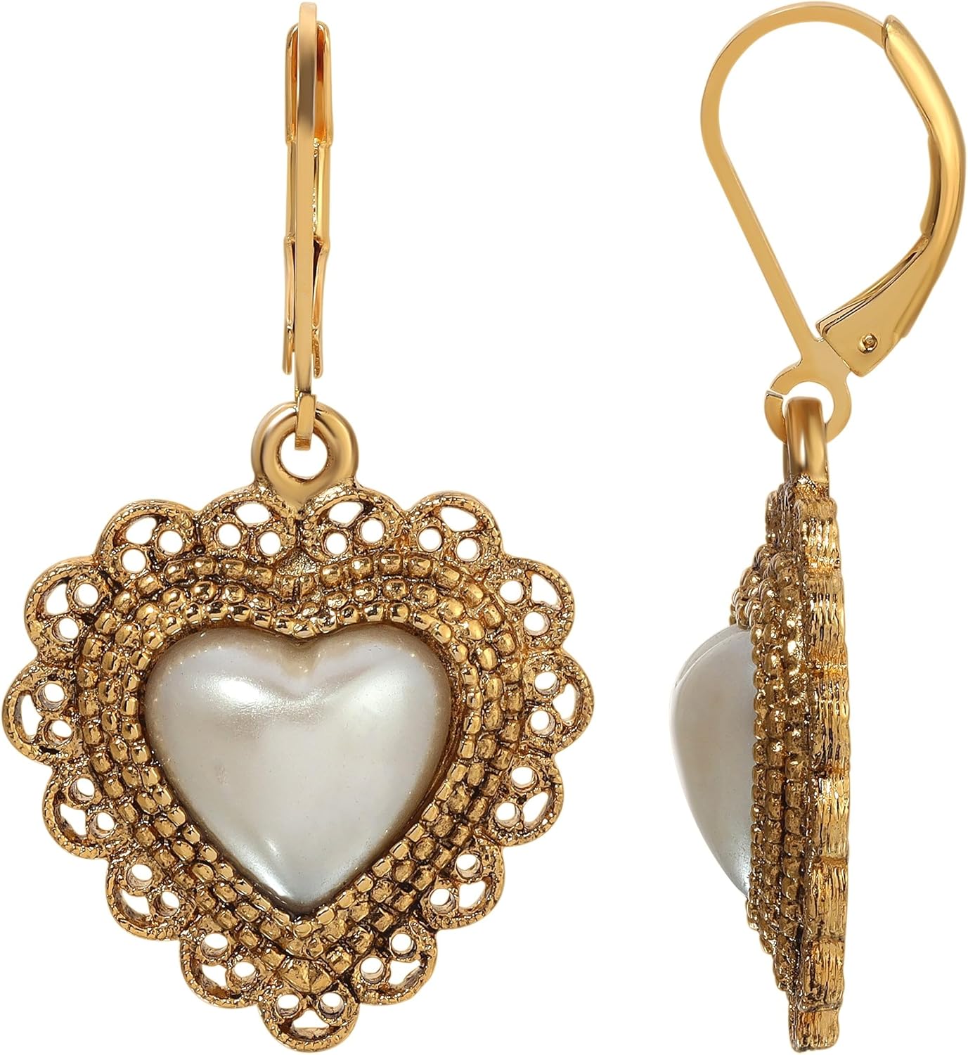 1928 Jewelry Faux Pearl Heart Filigree Drop Earrings