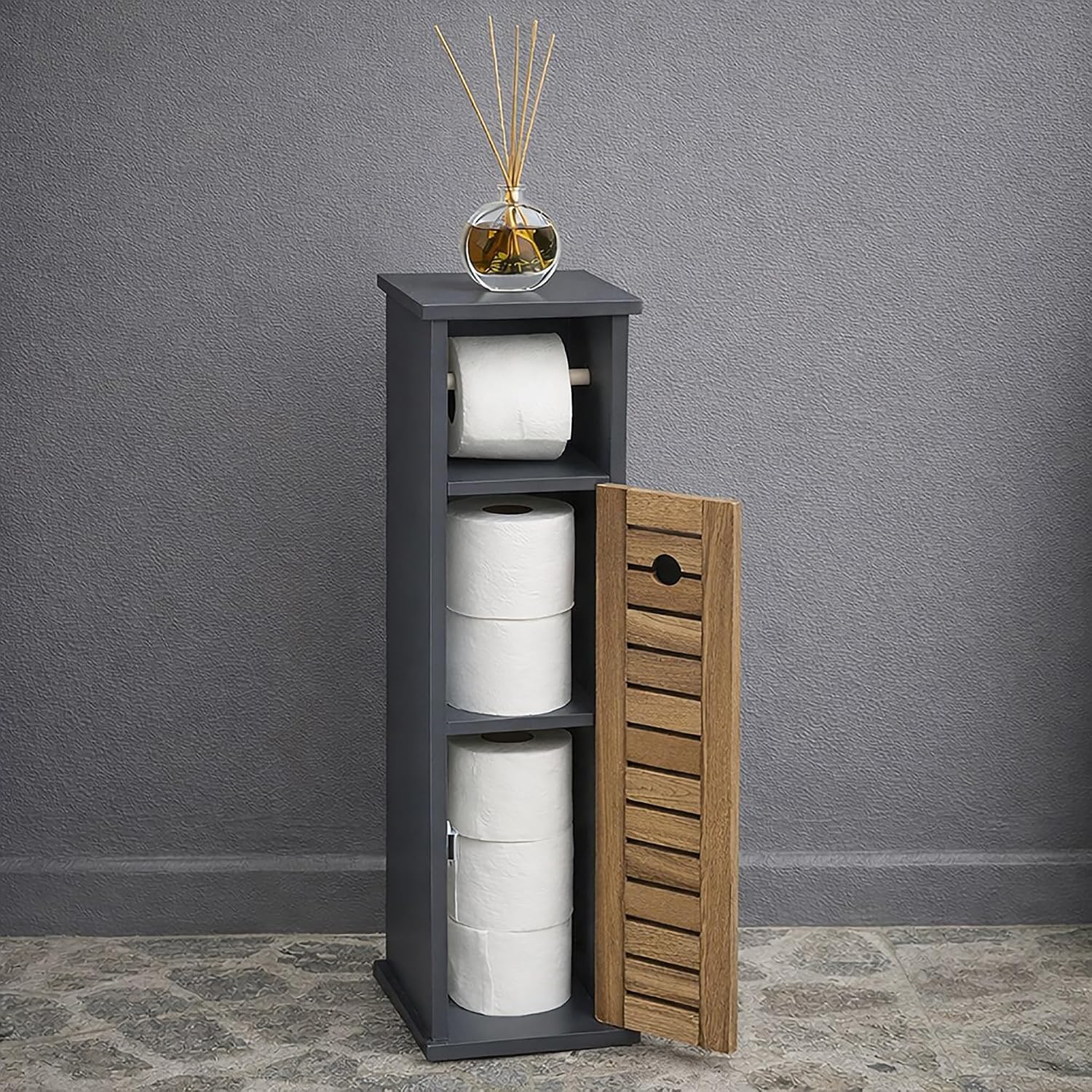 EVIDECO French Home Goods Compact Toilet Paper Storage Cabinet with Dispenser, Holds Up to 6 Rolls, Brown and Gray - Elements Collection