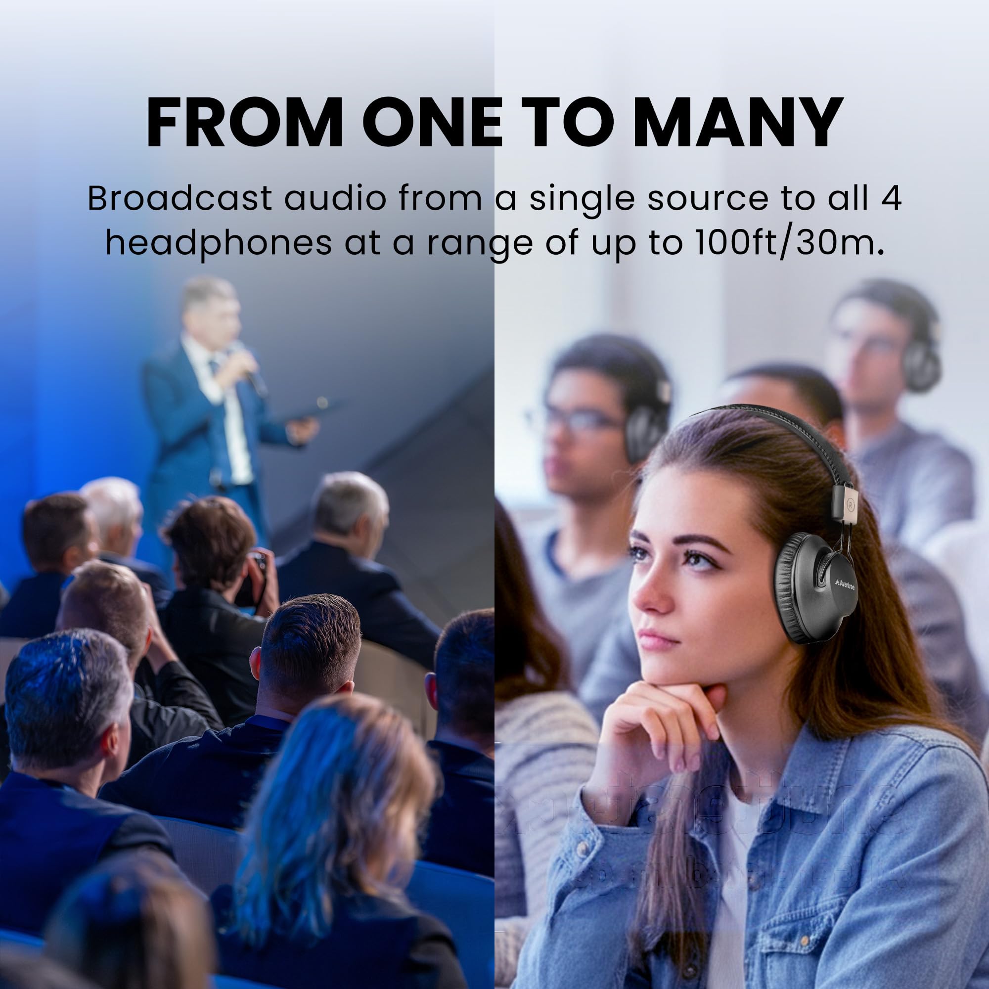 Avantree Quartet 2 – Bundle wireless compatibile Bluetooth per ascolto di gruppo con 4 cuffie e 1 trasmettitore + 2 cuffie aggiuntive, senza ritardi di sincronizzazione labiale, ideale per TV, silent