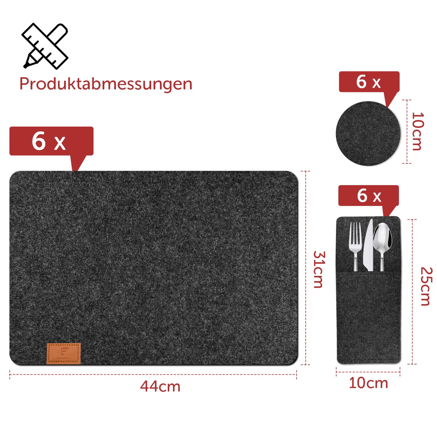 shinfly Tischsets Abwaschbar Platzsets aus Filz 18er Set, Abwischbar Tischsets, Hitzebeständig rutschfest Platzdeckchen mit Untersetzer, BestecksäCken für Küche, Speisetisch, 44x31cm【Anthrazit】
