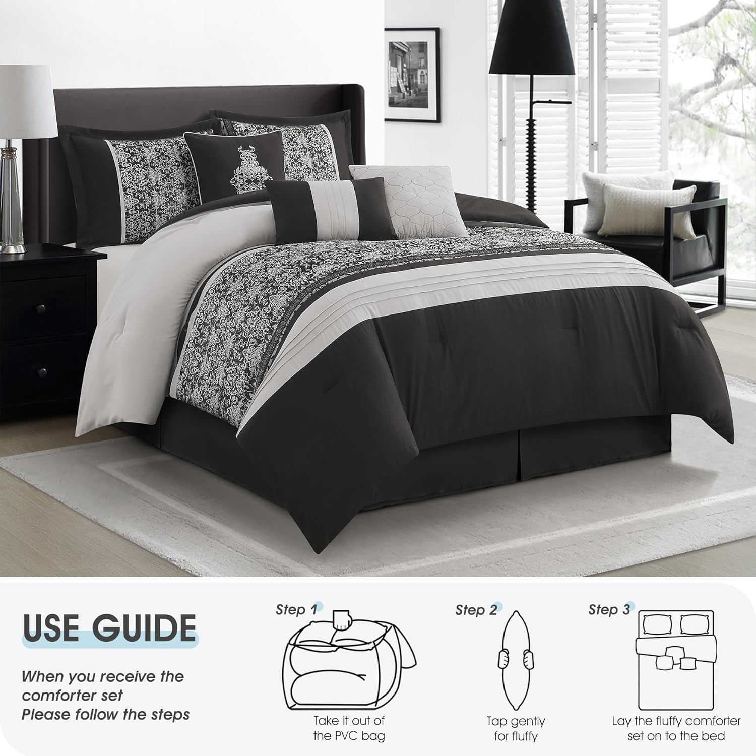 Black Silver Queen Comforter Set, Damask Jacquard with Matching Solid Piece Work, 7 Piece Soft Bedding Set for All Season, Bed Skirt, Pillow Shams and Decorative Pillows - Image 6