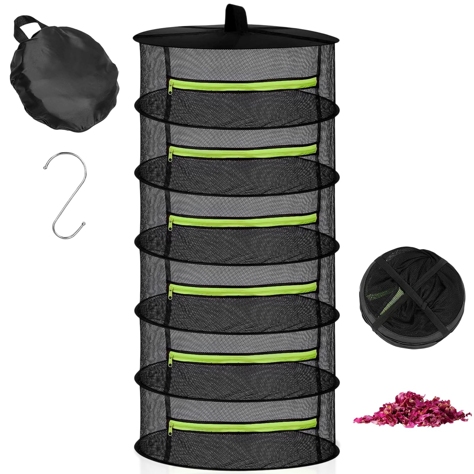 6 Strati Rete Essiccazione con Cerniere, Borsa portaoggetti e Gancio Forma S, D60xH160 cm Rete Essiccazione Erbe Aromatiche Sospeso Pieghevole per Erbe, Fiori, Lampadine, Pesce