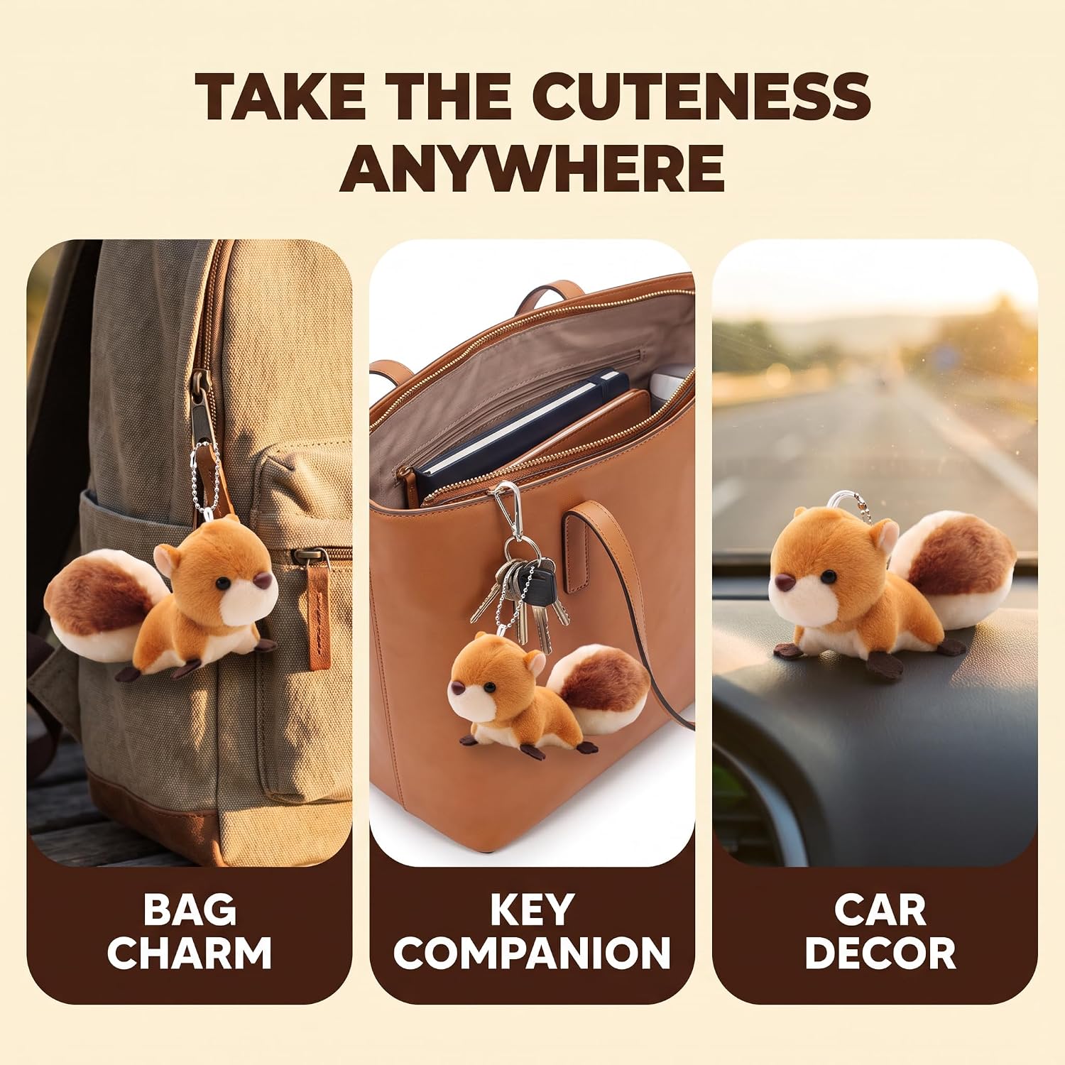 Brown Cartoon Squirrel Plush Keychain, Key Ring Backpack Stuffed Animal Keychain