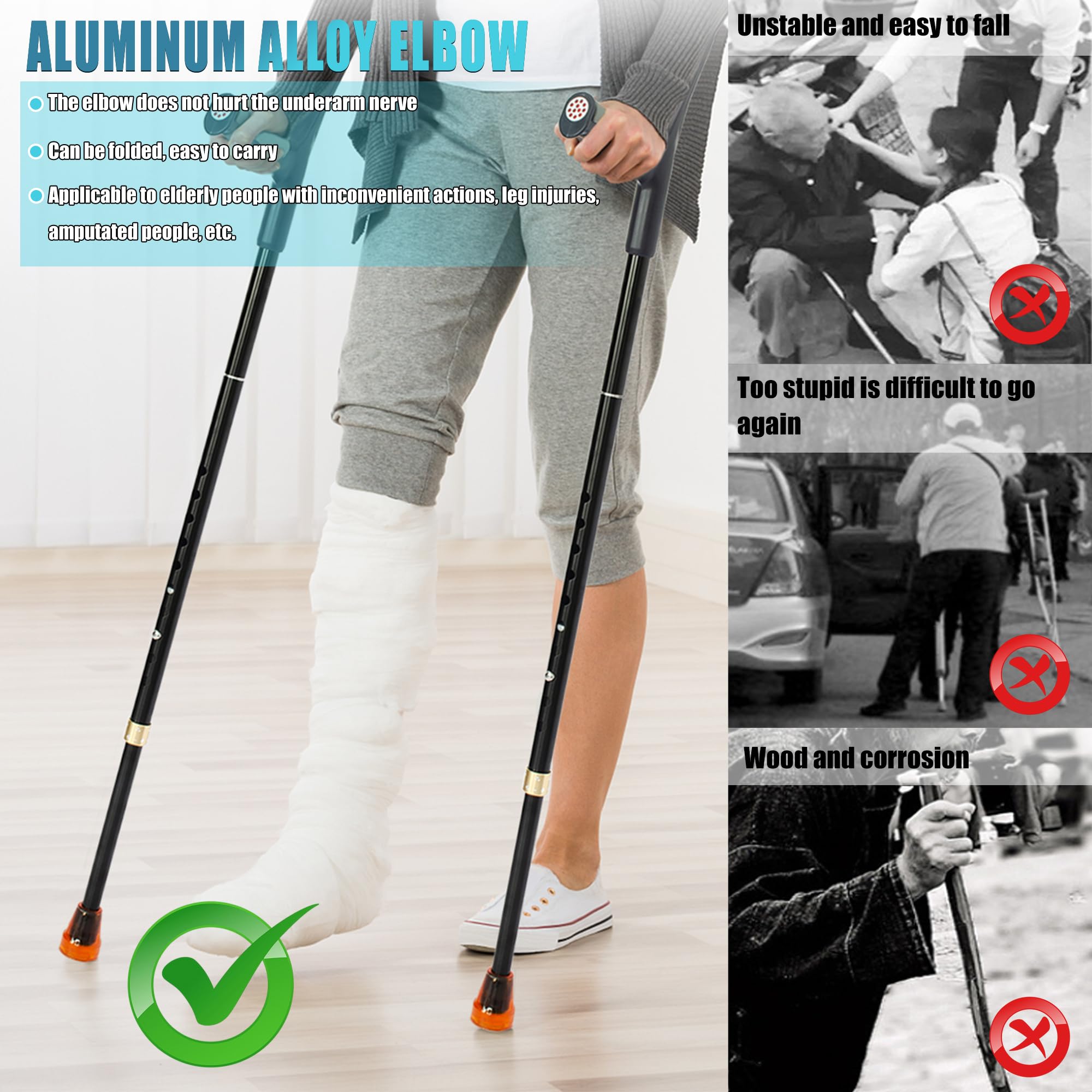 Stampelle pieghevoli per avambraccio per adulti (2 unità) - Stampelle a gomito per adulti, donne, uomini, altezza regolabile, leggera stampella con manico ergonomico e base antiscivolo, supporto per