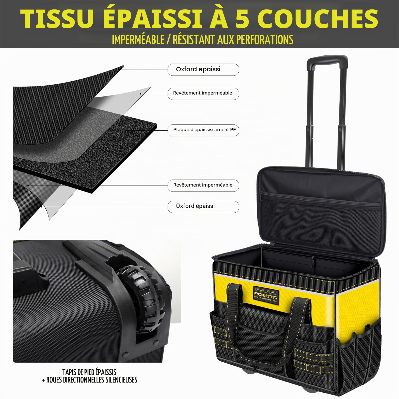 53,3cm Sac à Outils à Roulettes De Avec Roulettes, étanche Avec Poignée Télescopique, 18 Poches,Sacs à Outils Multi-usages Pour la Construction, électricien, Jaune/Noir